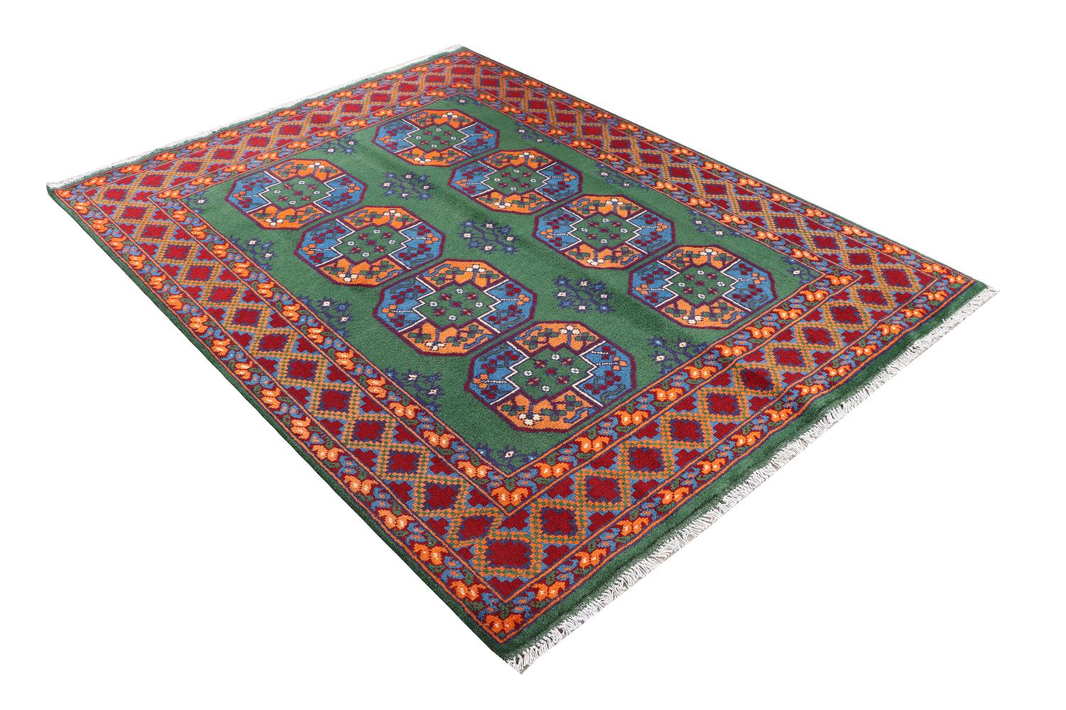 Afghan Akcha Rang Dar Teppich 150x200 Handgeknüpft Grün Durchgemustert Orient Kurzflor