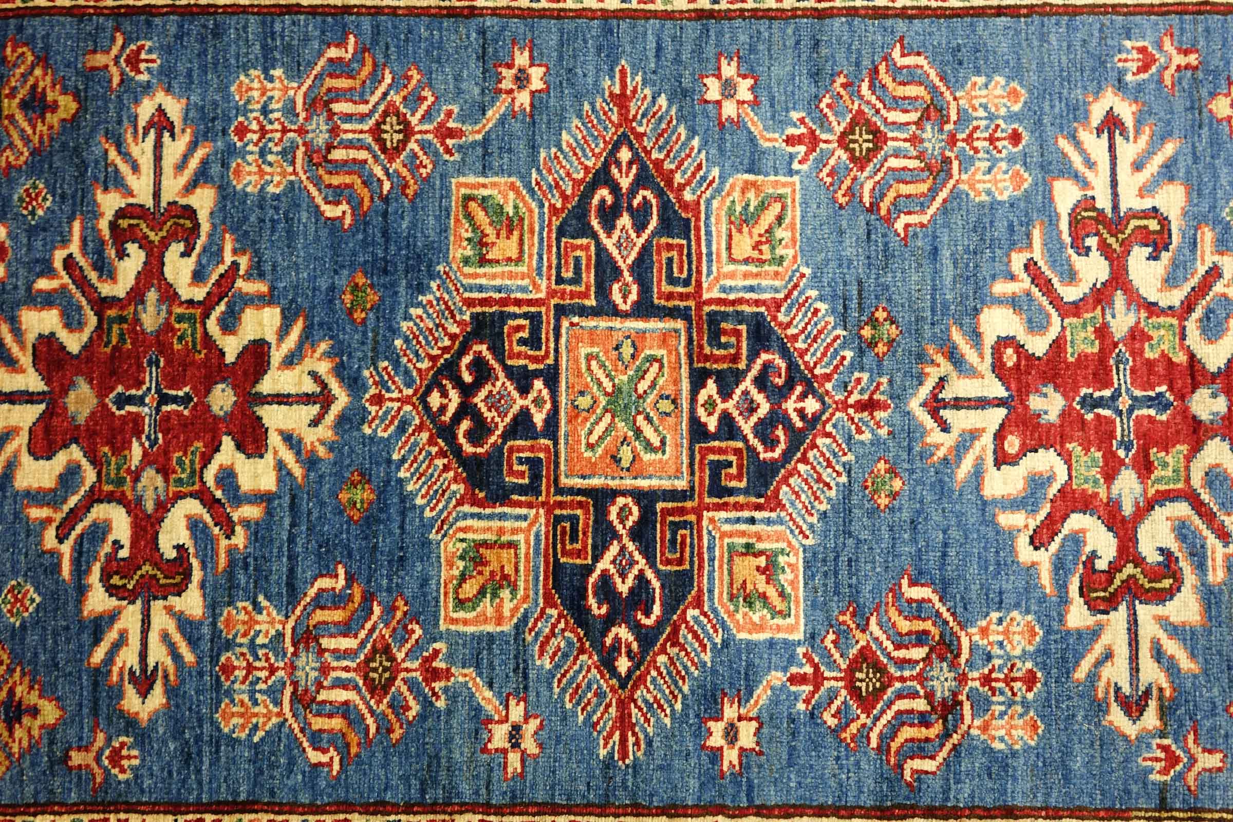 Afghan Kazak Fein 100x150 Handgeknüpft Orientteppich Blau Umrandung Wolle