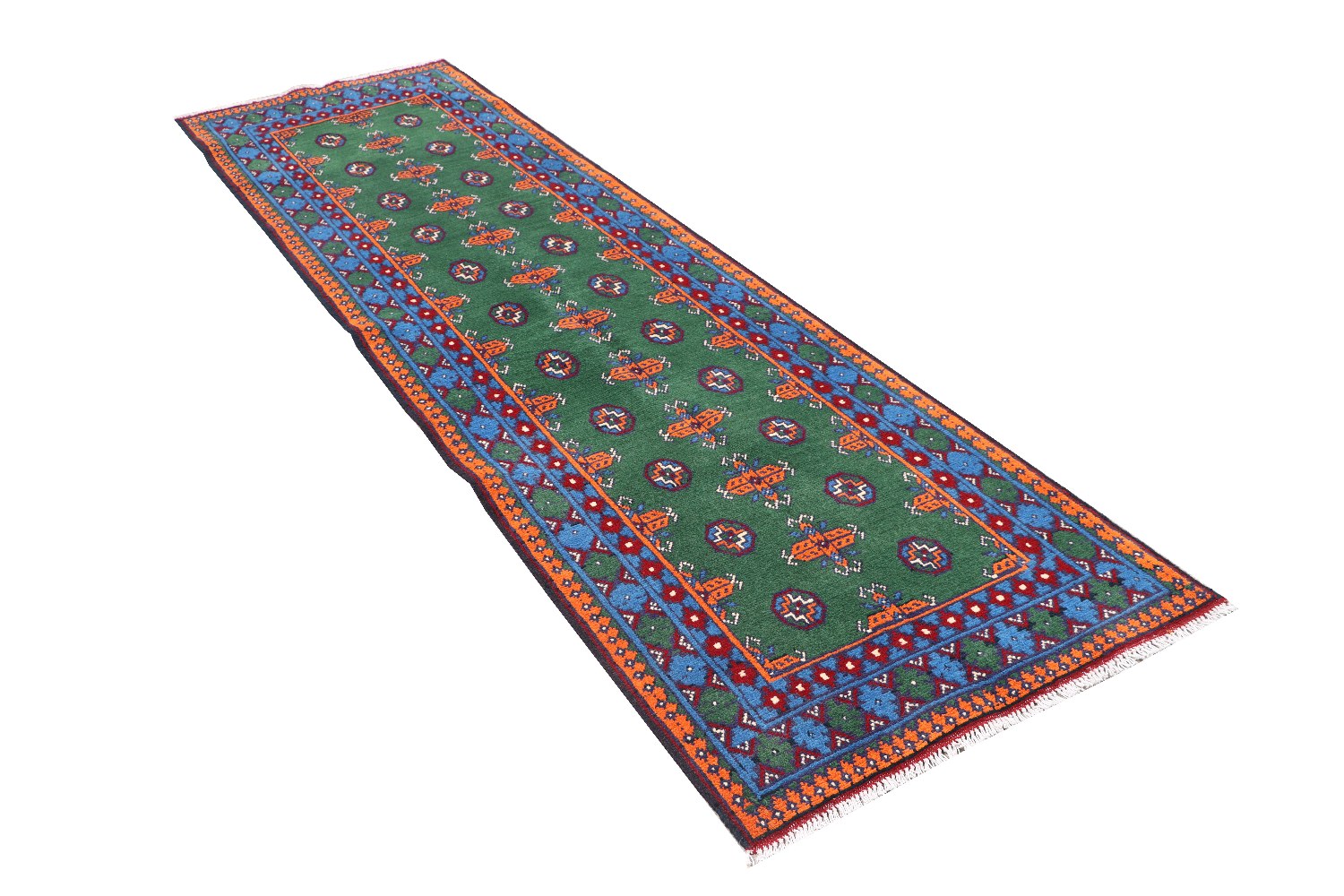 Afghan Akcha Rang Dar Teppich 80x300 Handgeknüpft Läufer Grün Durchgemustert Orient