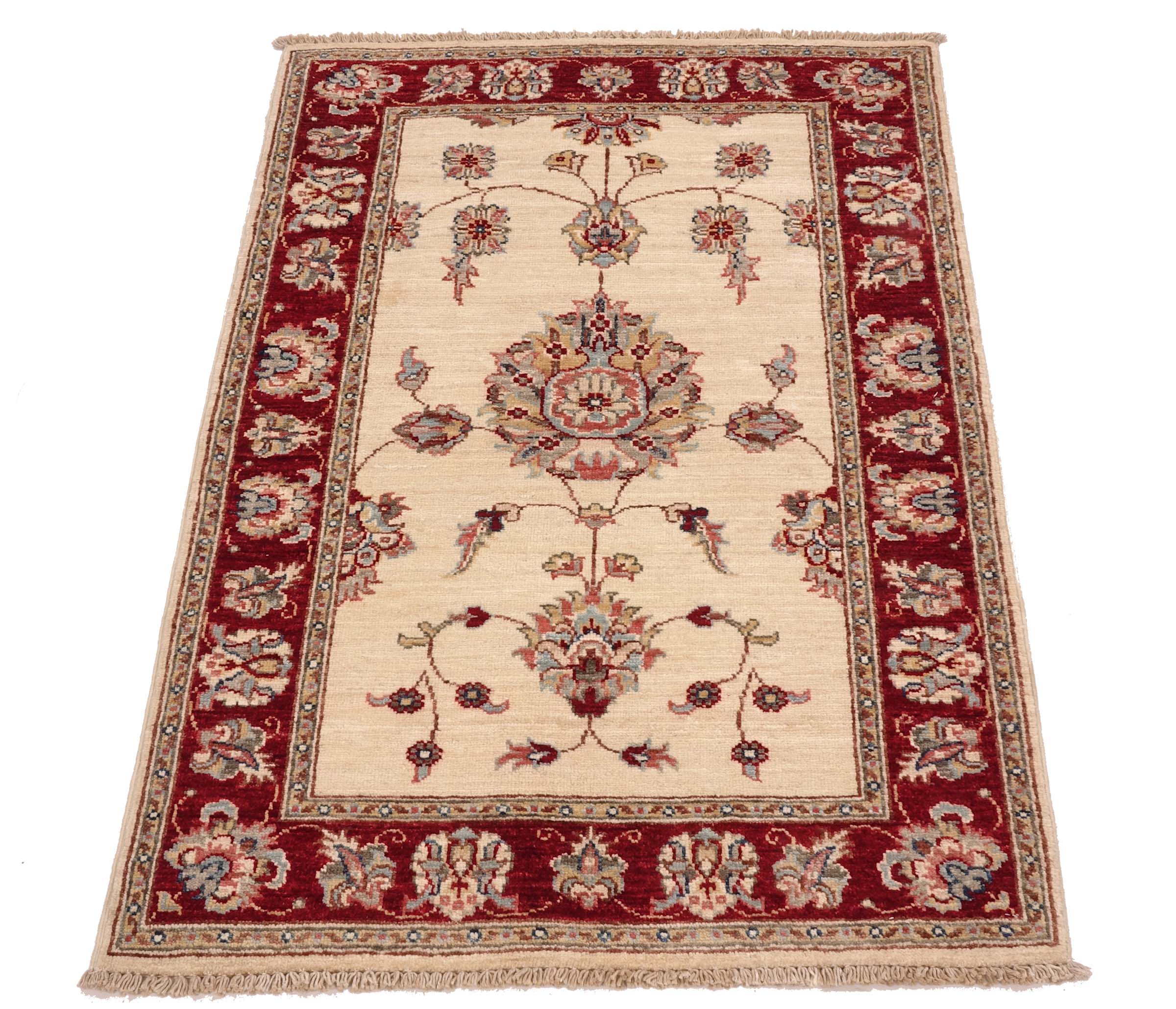 Chobi Ziegler Teppich 80x120 Handgeknüpft Beige Floral Orientalisch UNIKAT Kurzflor