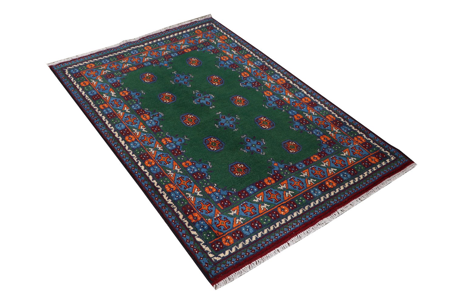 Afghan Akcha Rang Dar Teppich 100x150 Handgeknüpft Grün Durchgemustert Orient Kurzflor