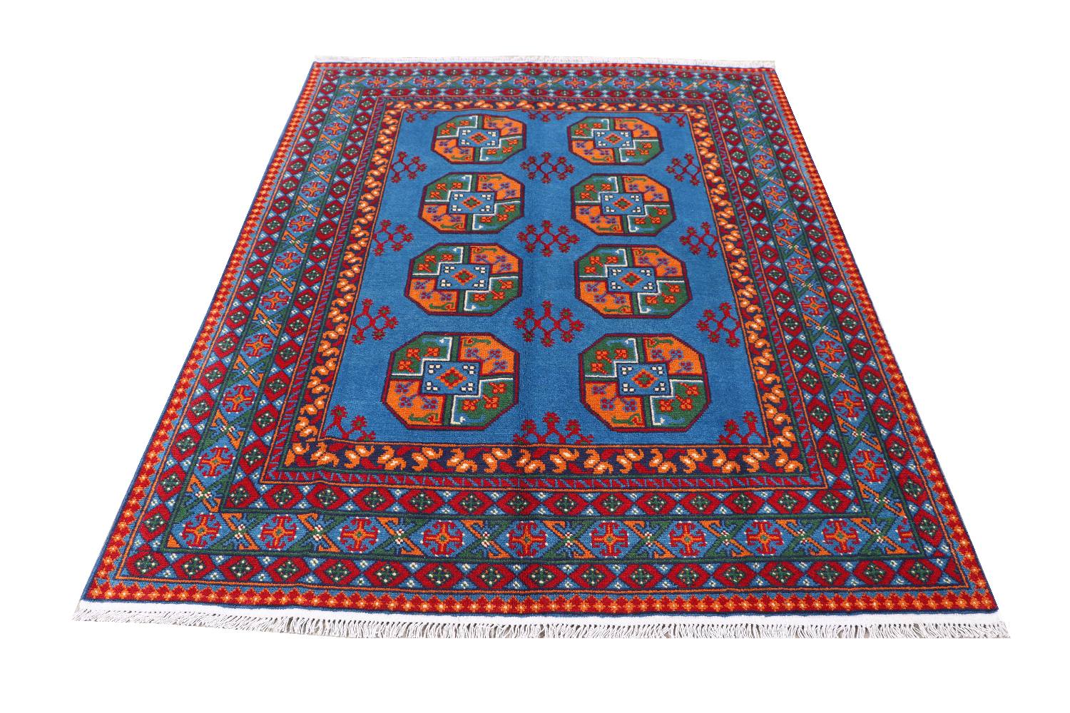 Afghan Akcha Rang Dar Teppich 150x200 Handgeknüpft Blau Durchgemustert Orient Kurzflor