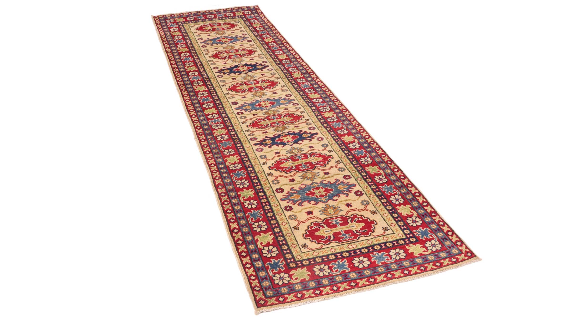 Kazak Teppich 80x300 Handgeknüpft Läufer Beige Floral Orientalisch UNIKAT Kurzflor