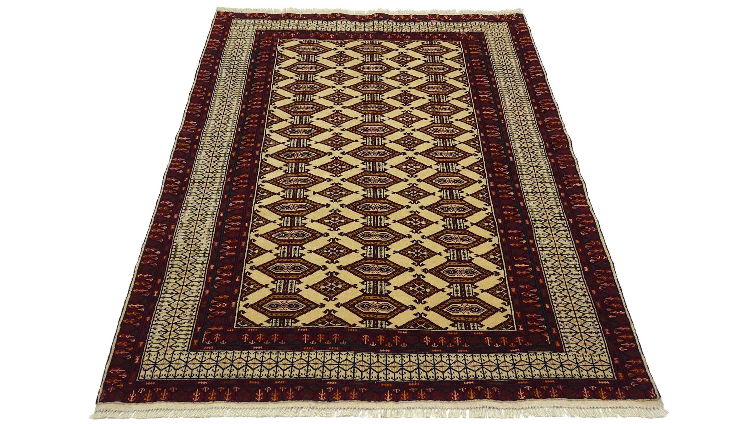 Afghan Teppich 120x180 Handgeknüpft Beige Geometrisch Orient Kurzflor Wohnzimmer