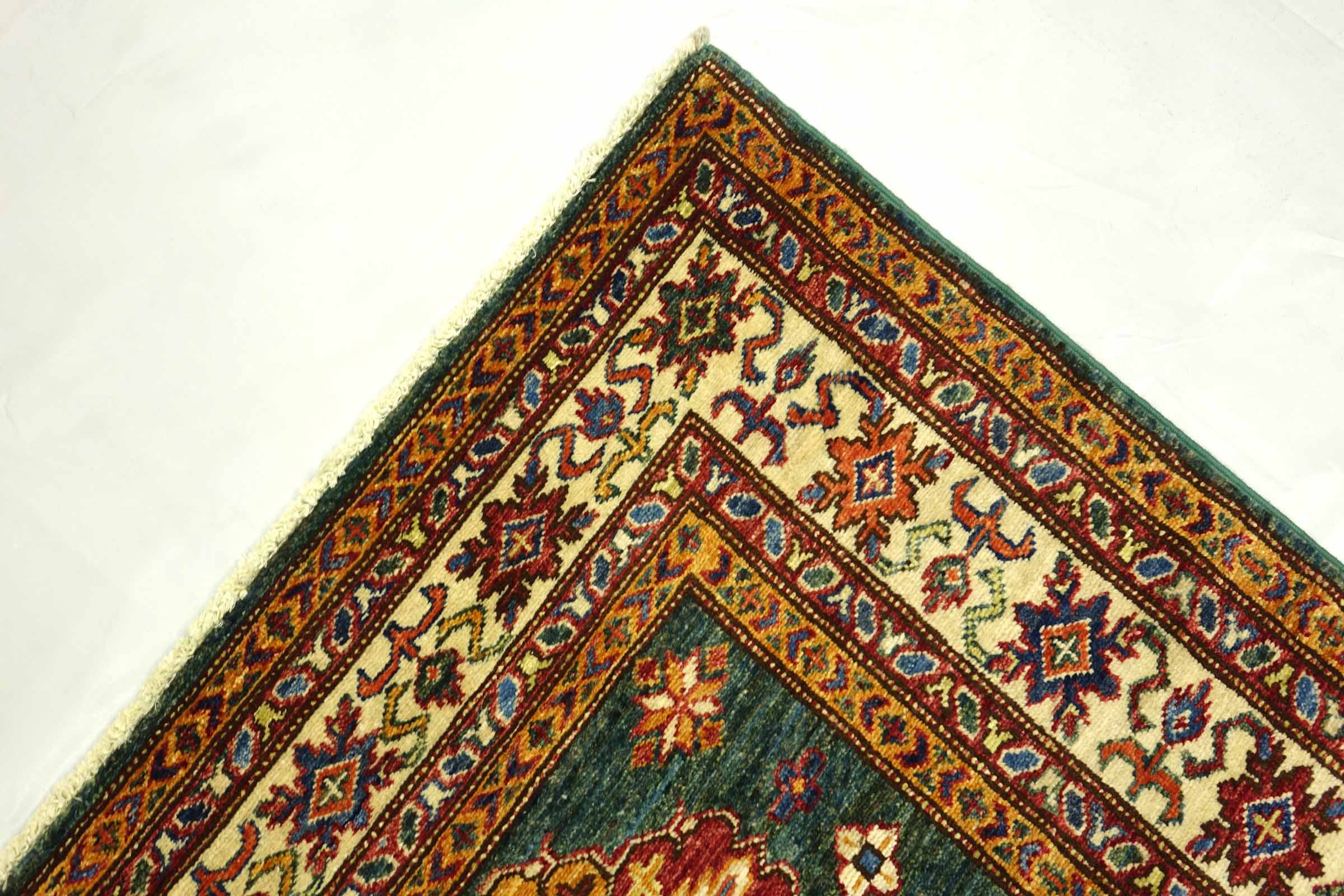 Afghan Kazak Fein 100x150 Handgeknüpft Orientteppich grün Umrandung Wolle