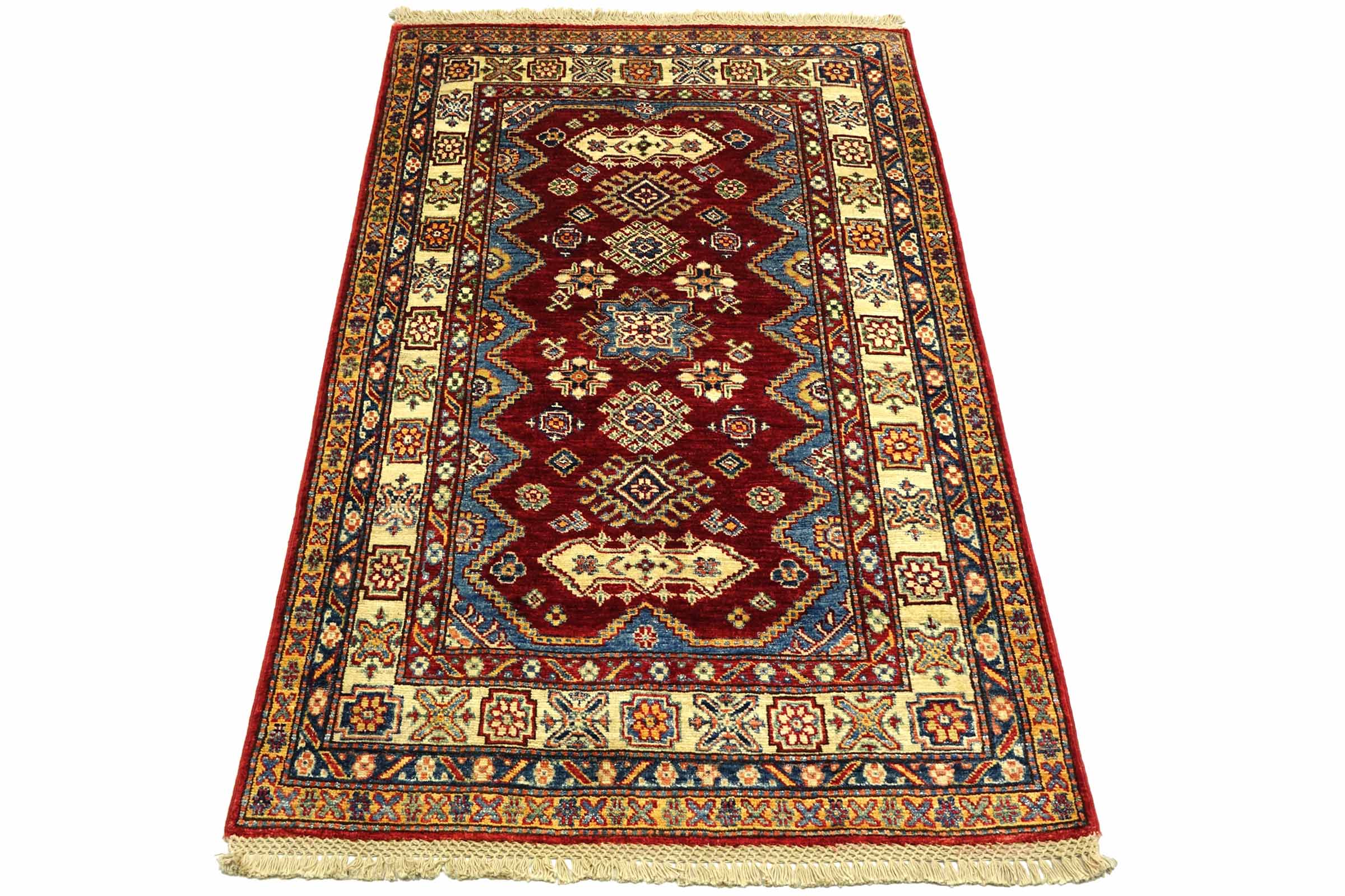 Afghan Kazak Fein 100x150 Handgeknüpft Orientteppich Rot Umrandung Wolle