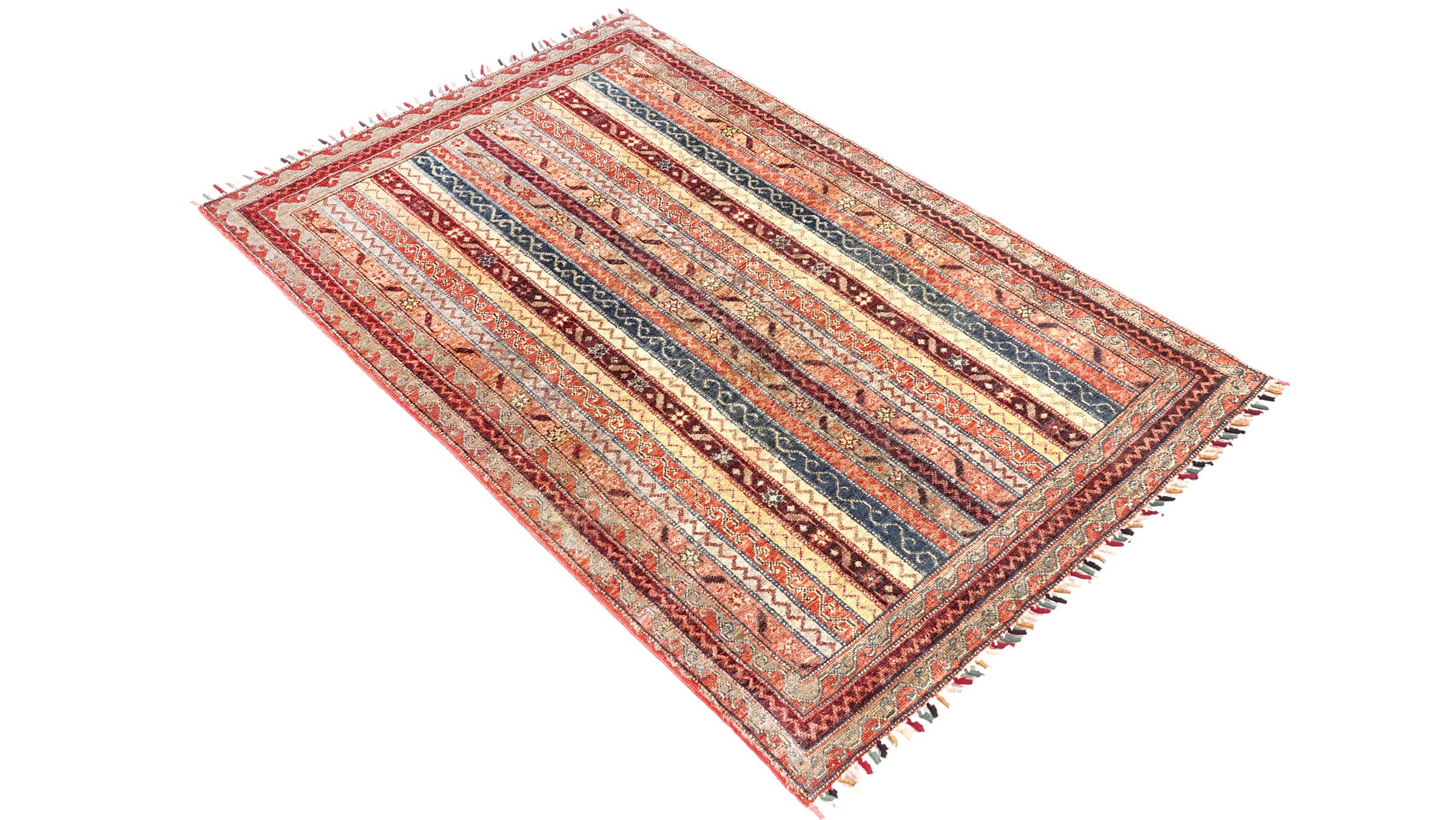 Afghan Khorjin Shaal Teppich 100x150 Handgeknüpft Grau Streifen Orient Kurzflor