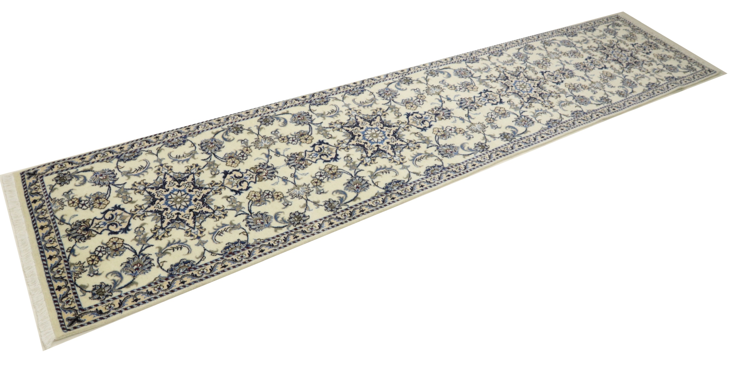Perserteppich Nain Kashmar 80x400 Handgeknüpft Läufer Weiß Floral Orientalisch UNIKAT