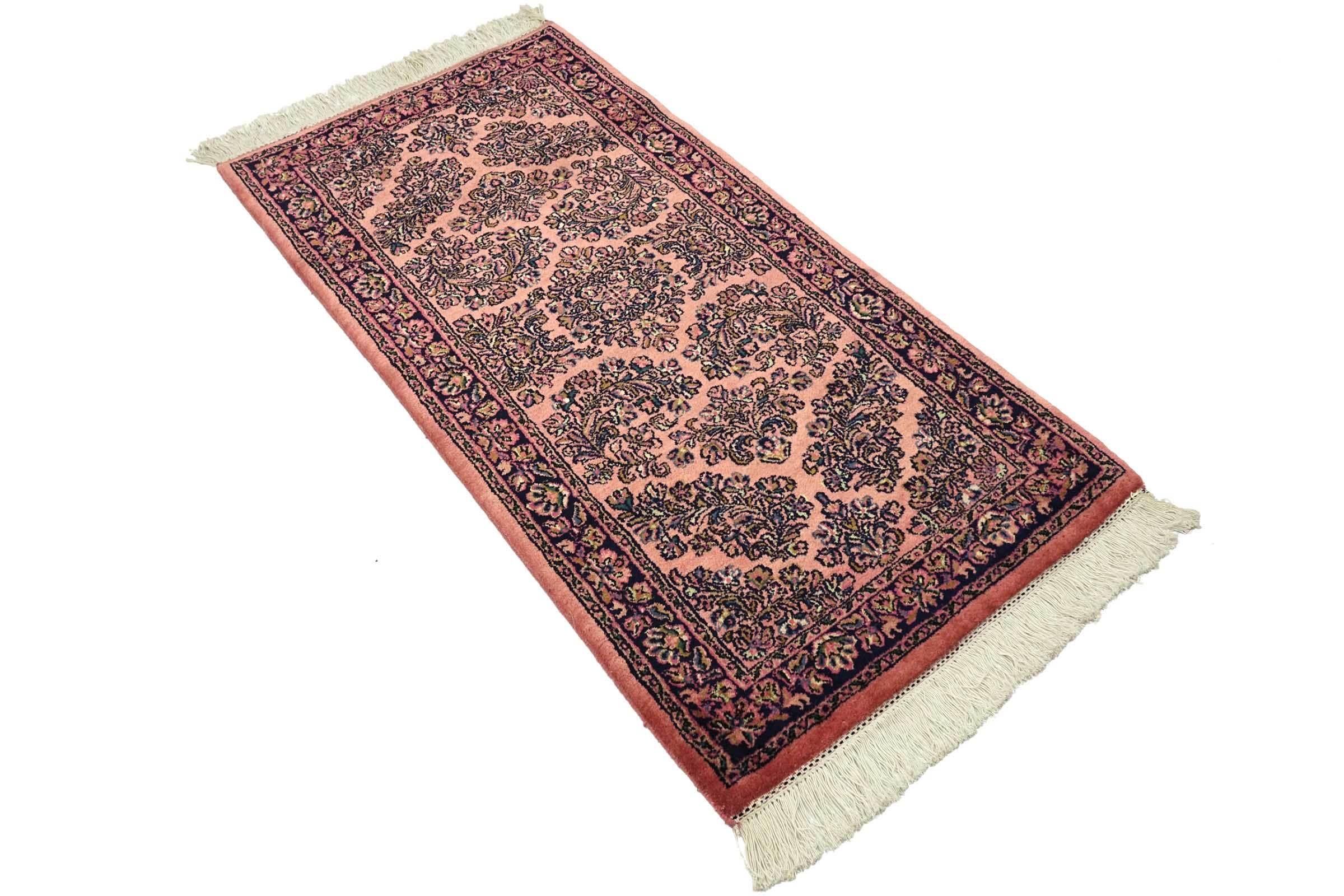 Sarough Teppich 70x140 Handgeknüpft Rosa Floral Wolle Kurzflor Rug