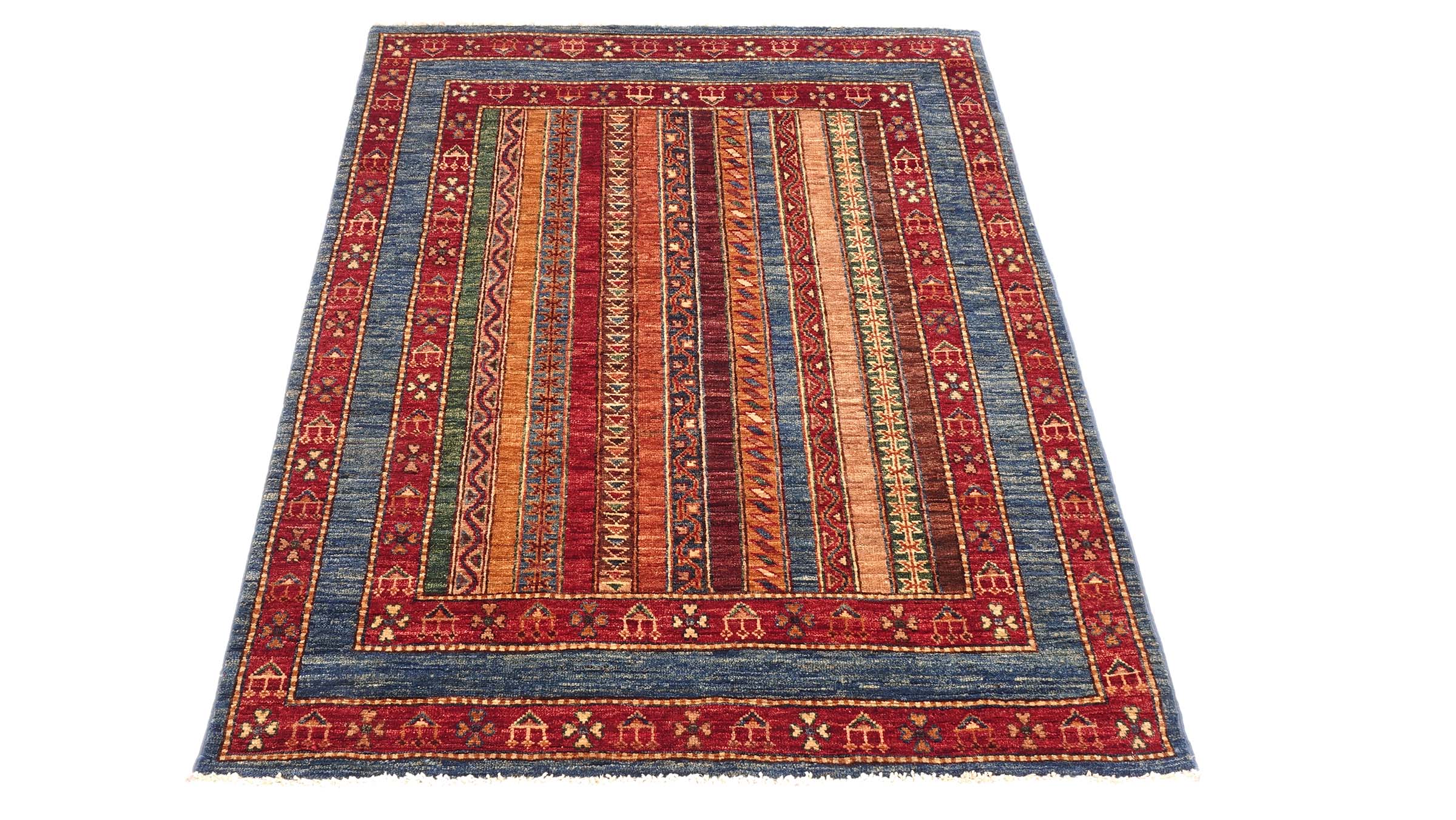 Afghan Khorjin Shaal Teppich 100x150 Handgeknüpft Blau Streifen Orient Kurzflor