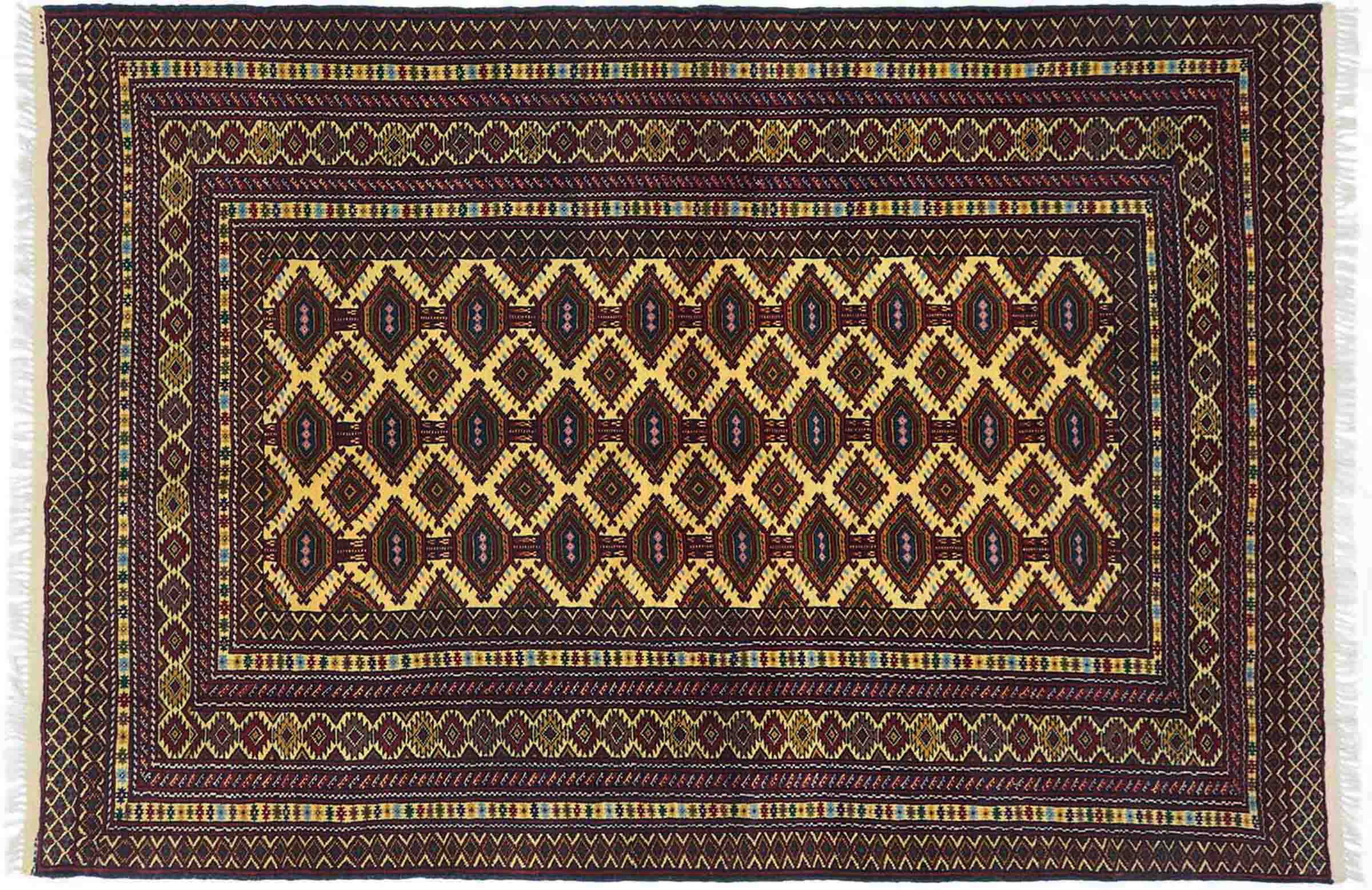 Afghan Teppich 120x180 Handgeknüpft Beige Geometrisch Orient Kurzflor Wohnzimmer