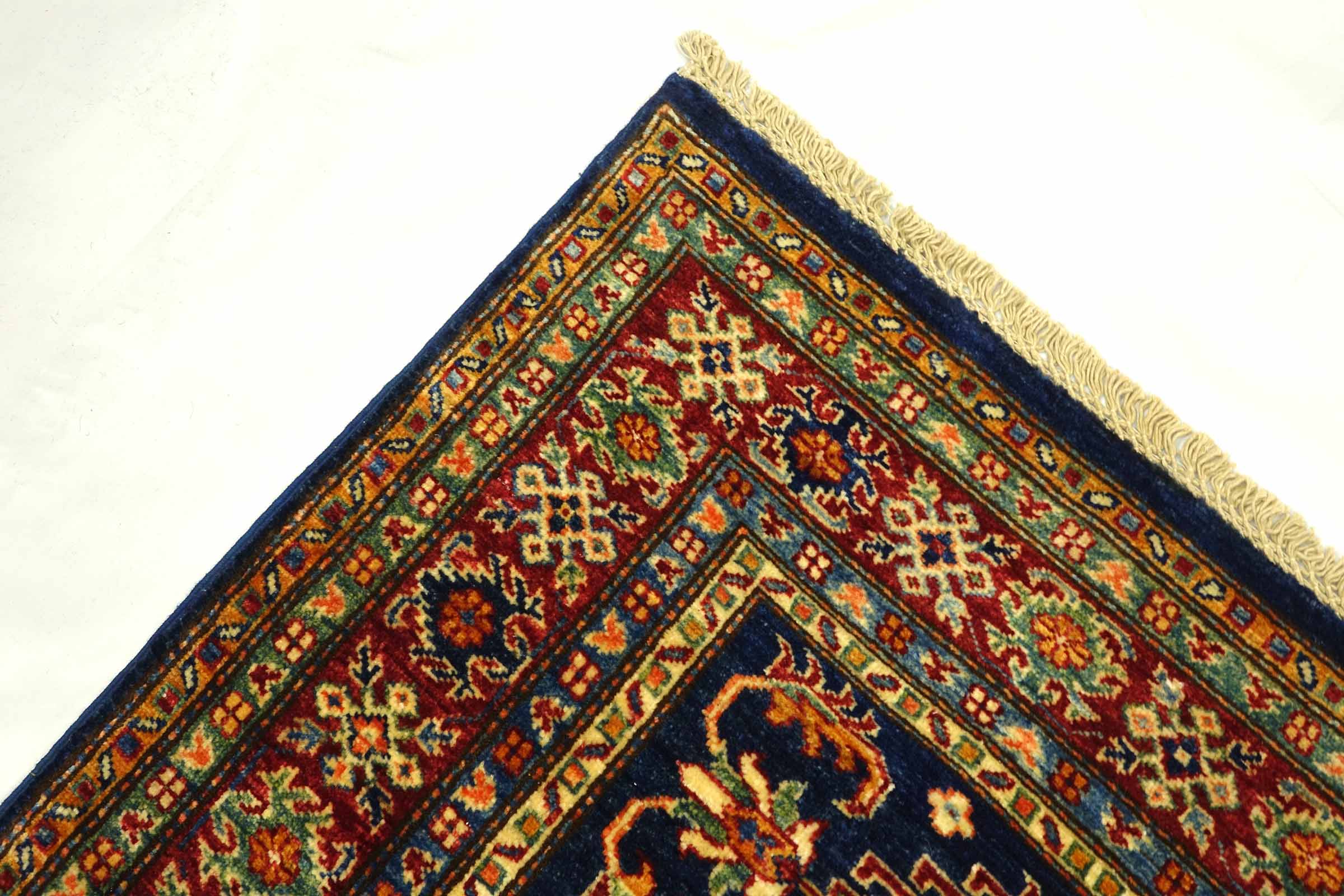 Afghan Kazak Fein 100x150 Handgeknüpft Orientteppich Blau Umrandung Wolle