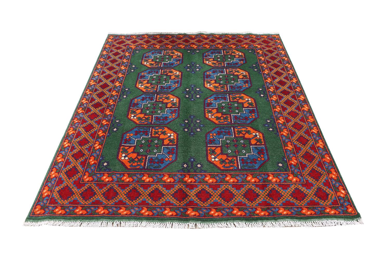 Afghan Akcha Rang Dar Teppich 150x200 Handgeknüpft Grün Durchgemustert Orient Kurzflor