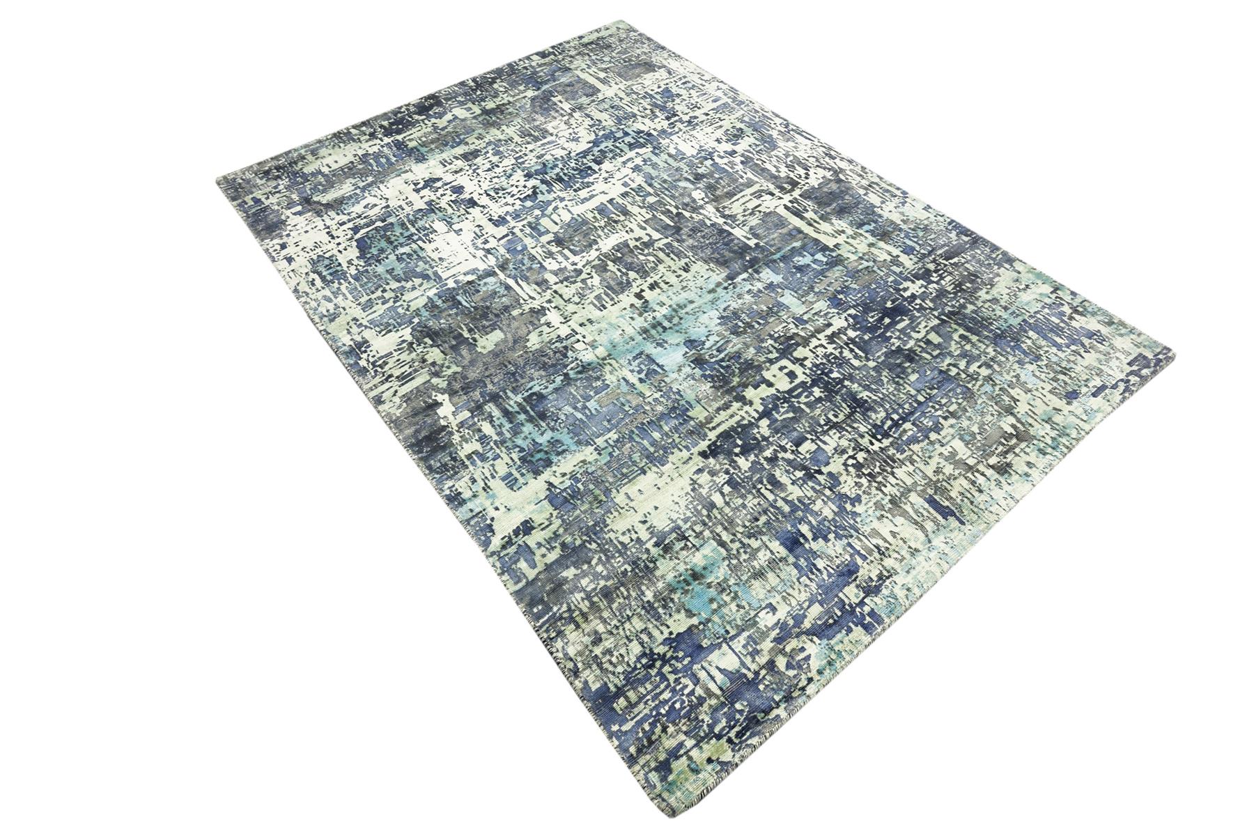 Handloom Vintage 220x160 Handgewebt Teppich 160x220 Blau Abstrakt Handarbeit Orient