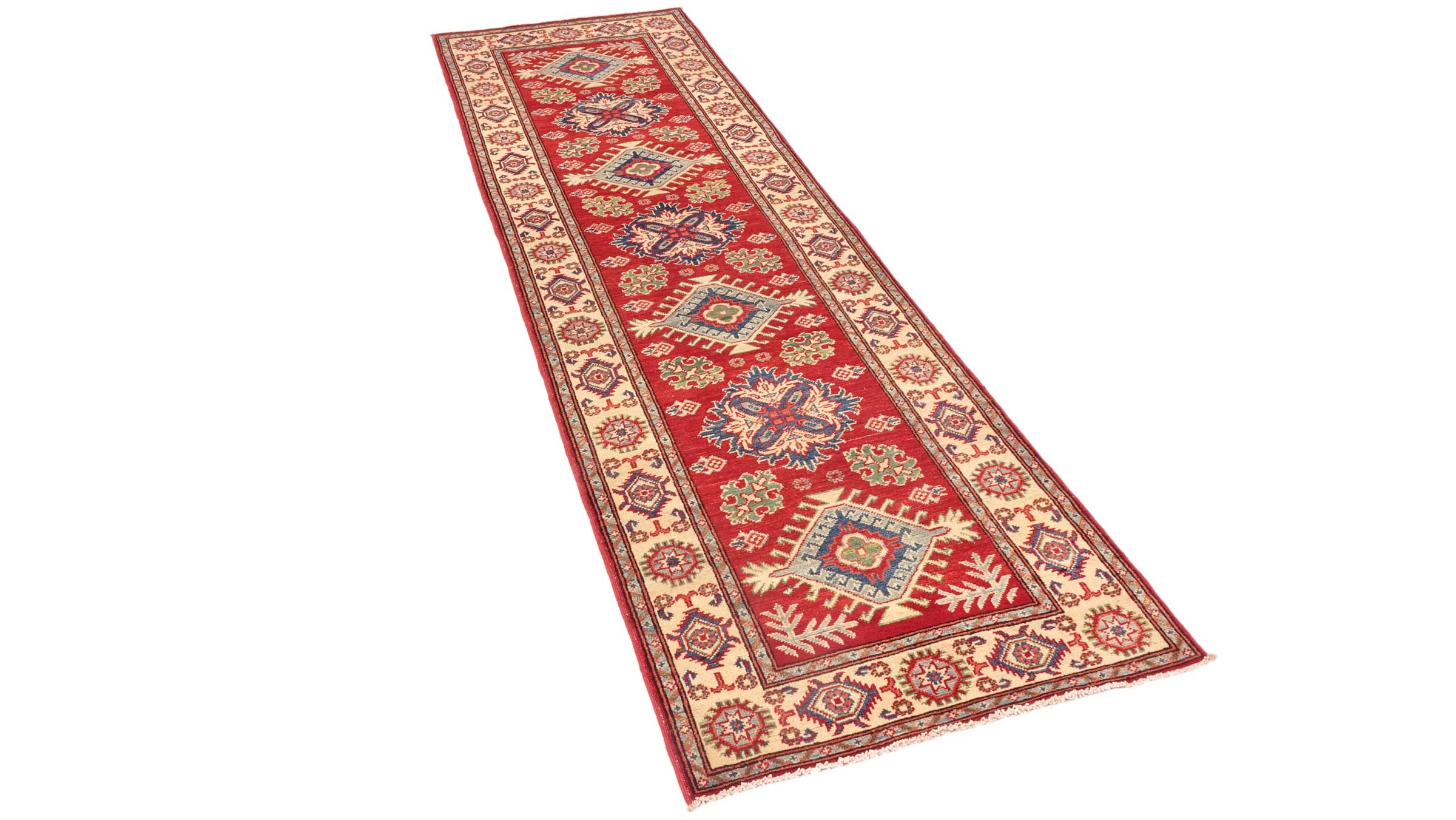 Kazak Teppich 80x300 Handgeknüpft Läufer rot Geometrisch Orientalisch UNIKAT Kurzflor