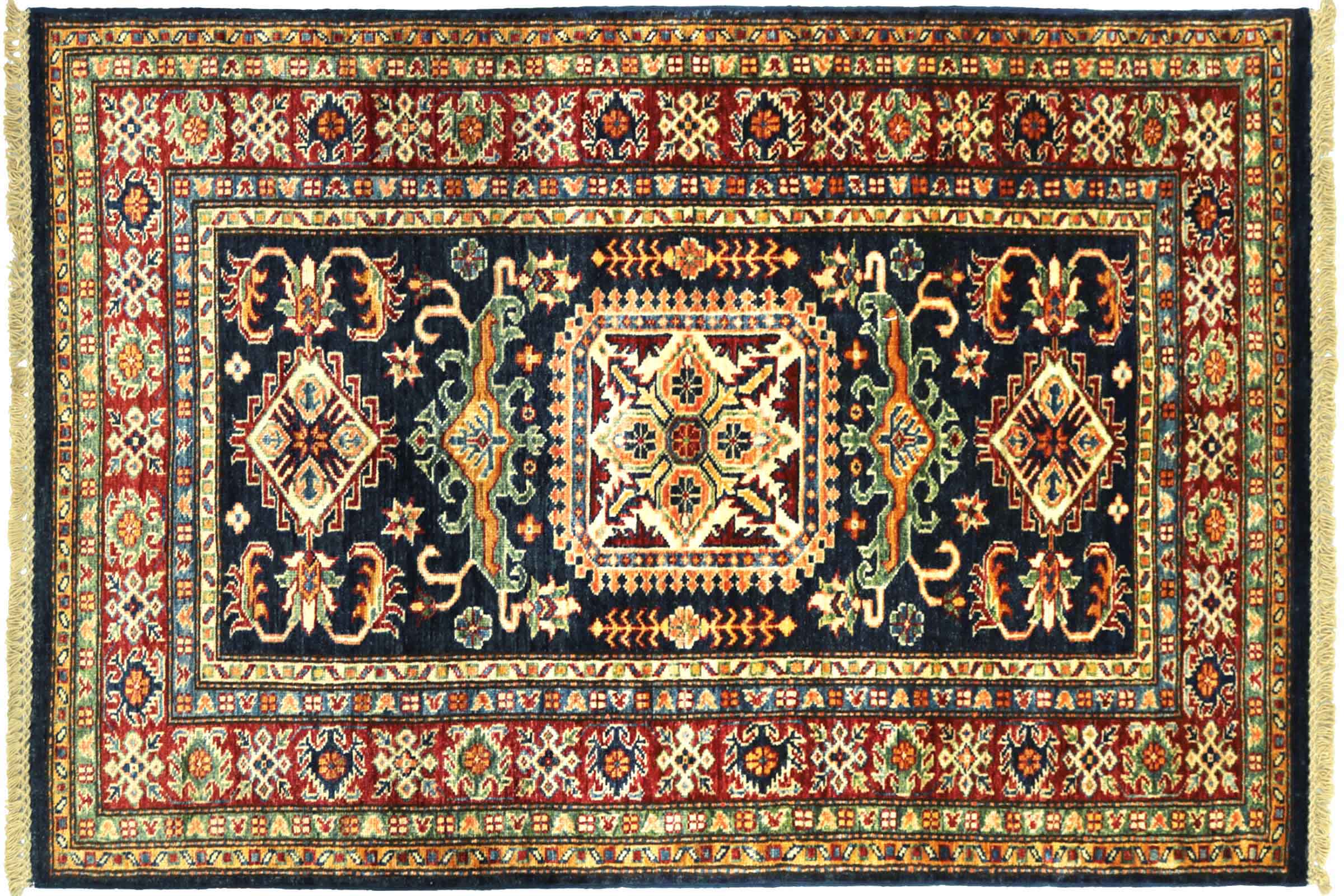 Afghan Kazak Fein 100x150 Handgeknüpft Orientteppich Blau Umrandung Wolle