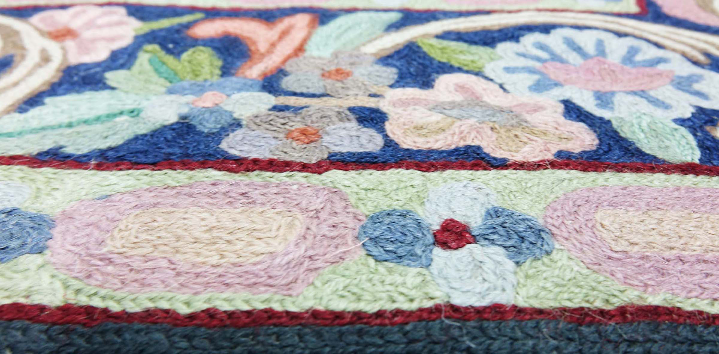 Chainstitch Kettenstich Teppich 80x120 Handgewebt Blau Blumenmuster Handarbeit Gewebt