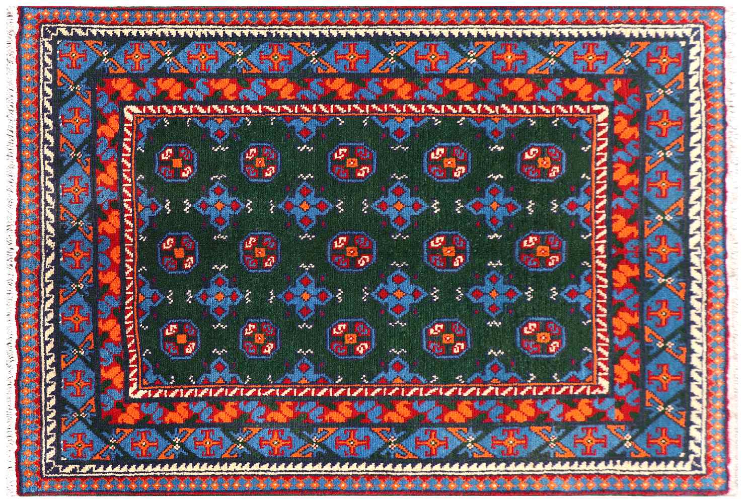 Afghan Akcha Rang Dar Teppich 100x150 Handgeknüpft Grün Durchgemustert Orient Kurzflor