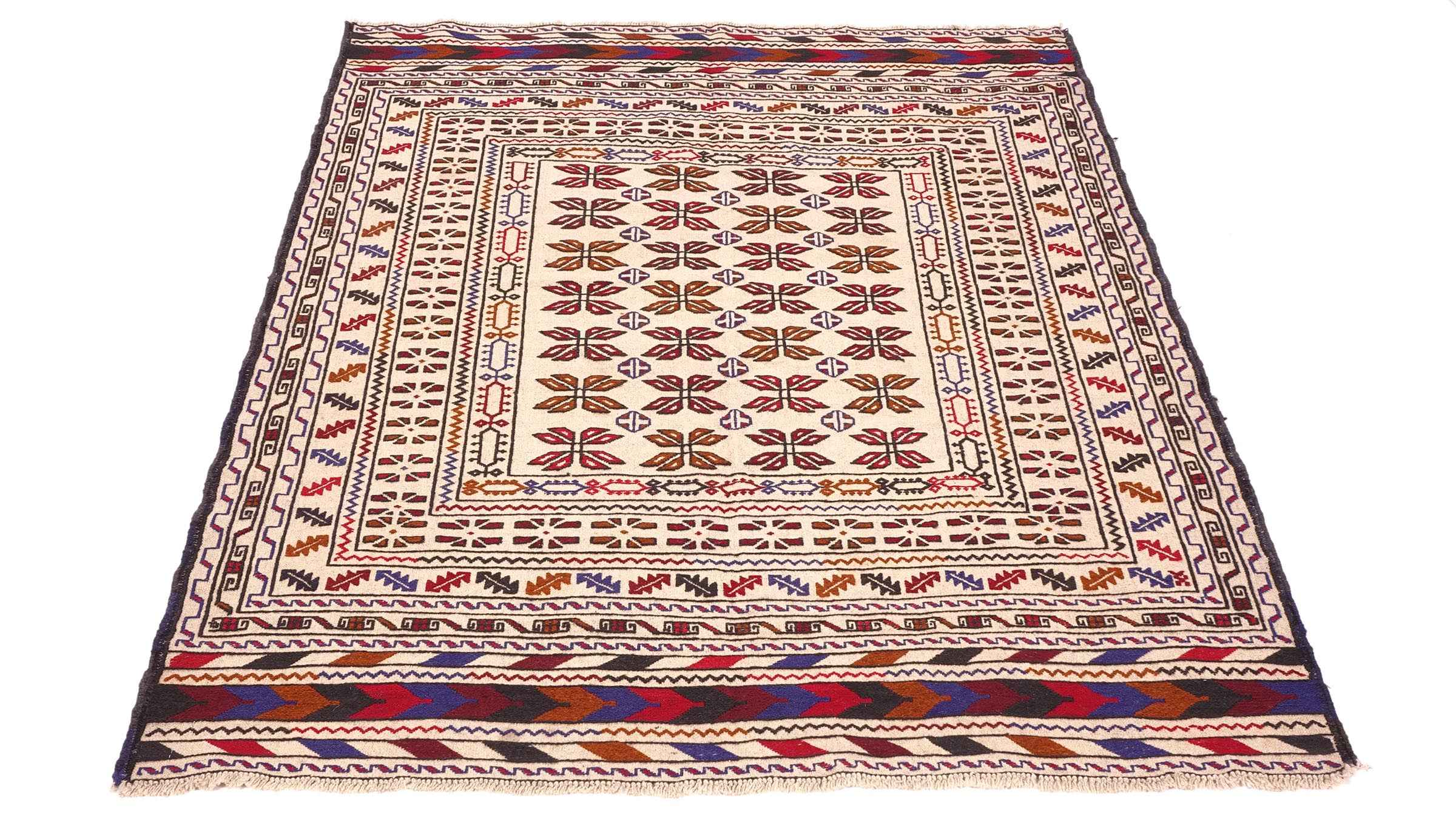 Afghan Kelim Gol Barjasta Teppich 140x190 Handgewebt Beige Geometrisch Handarbeit