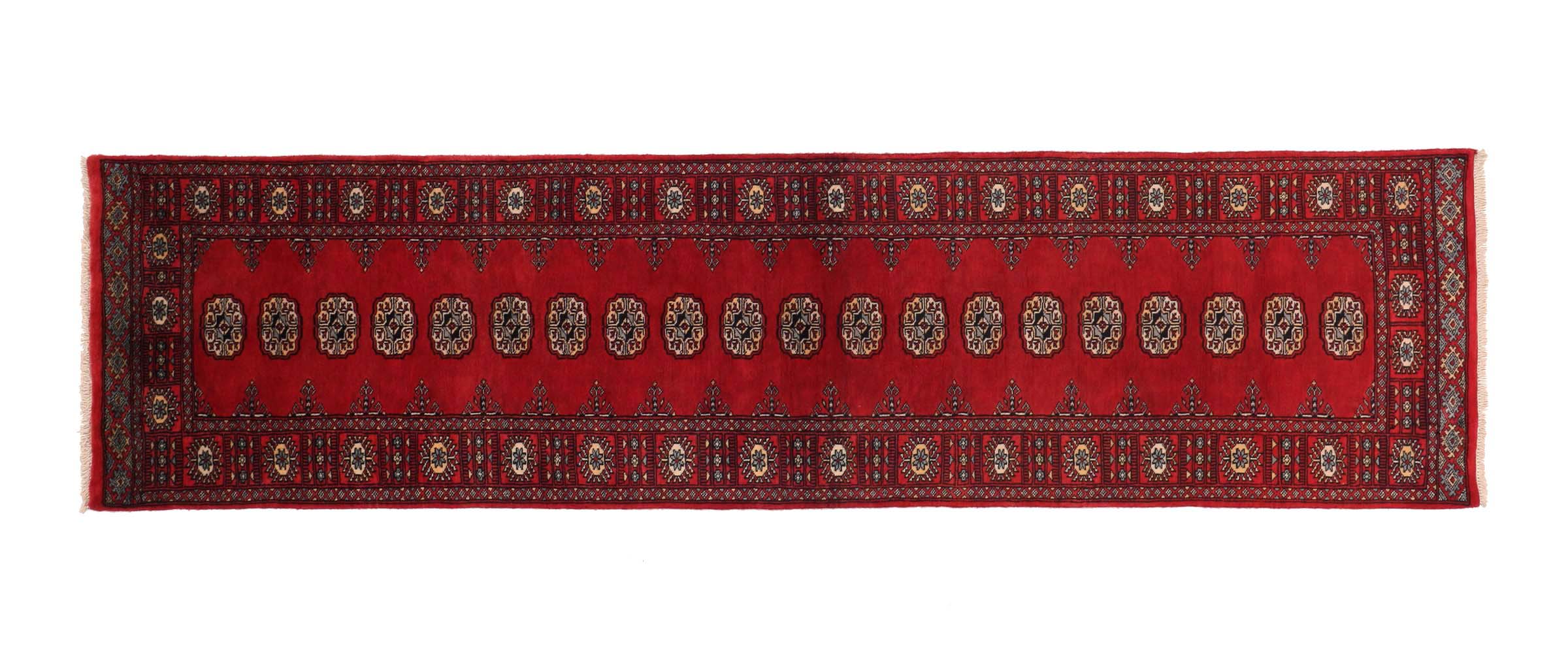 Pakistan Bokhara Teppich 80x300 Handgeknüpft Läufer Rot Geometrisch Orientalisch UNIKAT