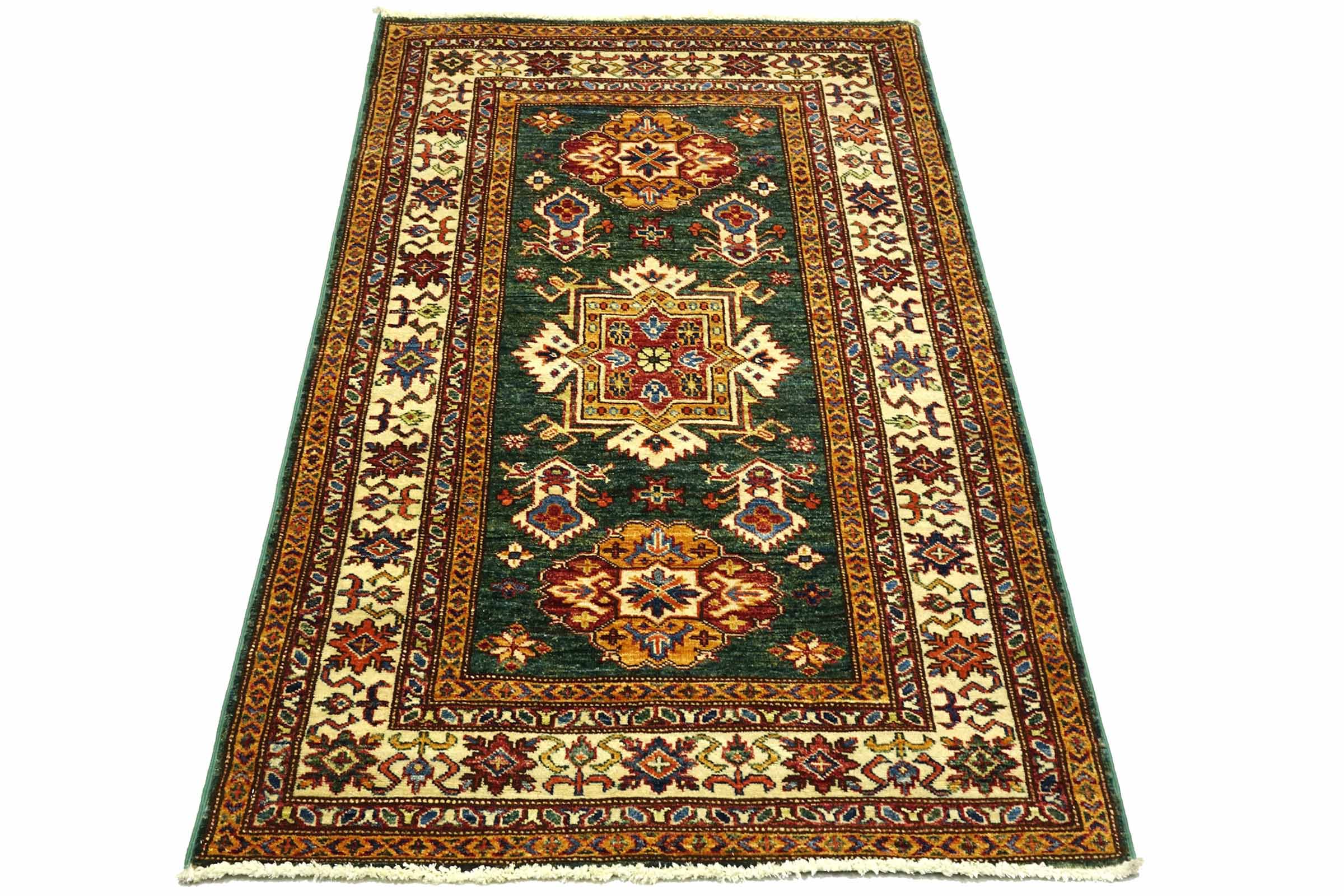 Afghan Kazak Fein 100x150 Handgeknüpft Orientteppich grün Umrandung Wolle