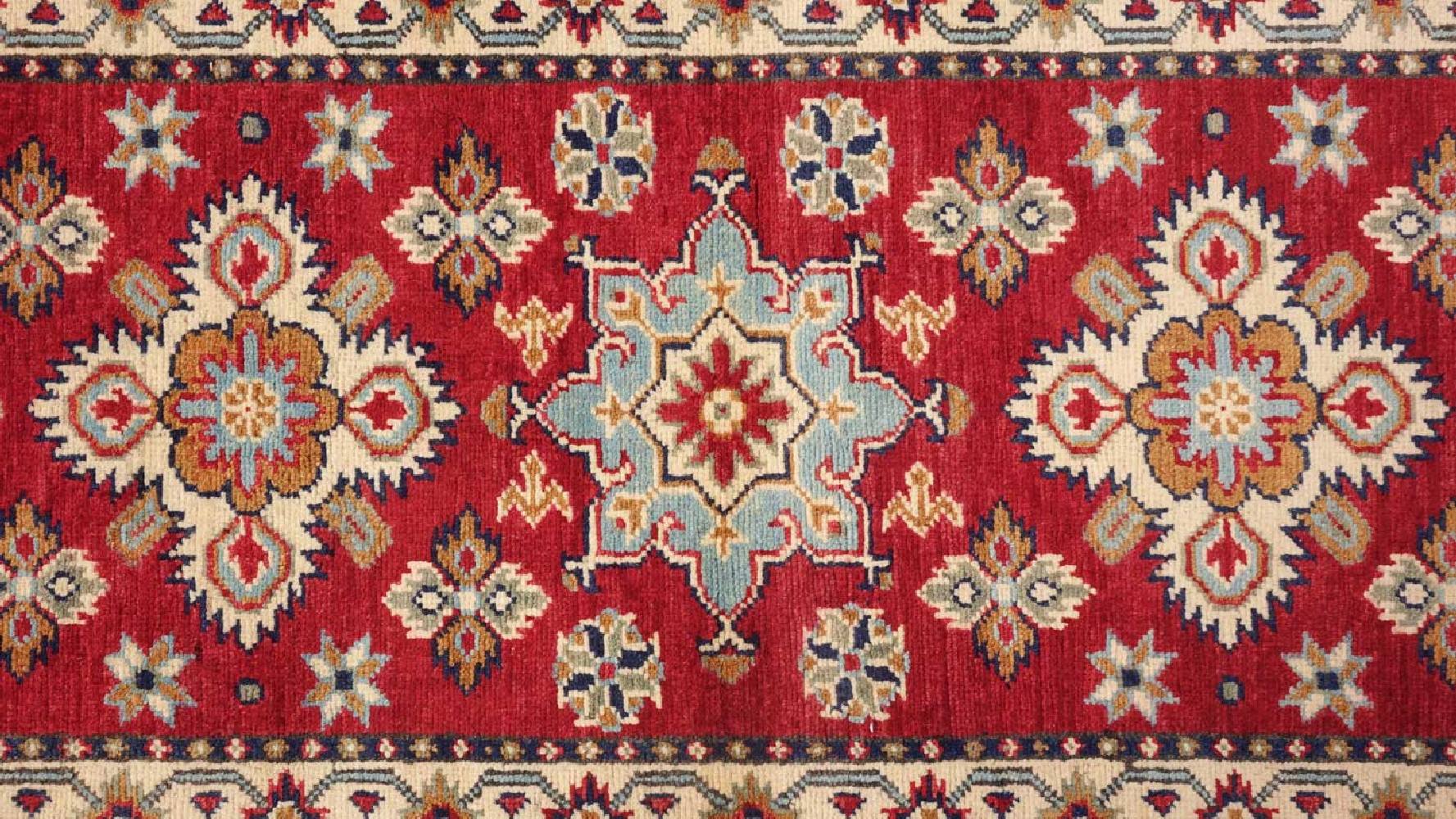 Kazak Teppich 60x170 Handgeknüpft Läufer rot Geometrisch Orientalisch UNIKAT Kurzflor