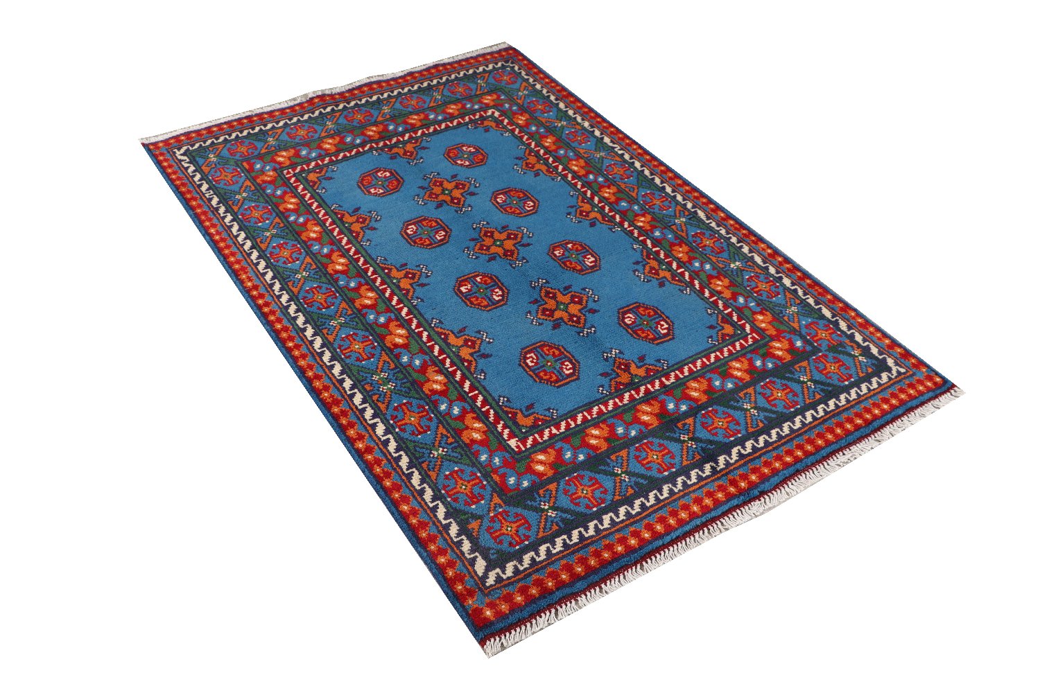 Afghan Akcha Rang Dar Teppich 100x150 Handgeknüpft Blau Durchgemustert Orient Kurzflor