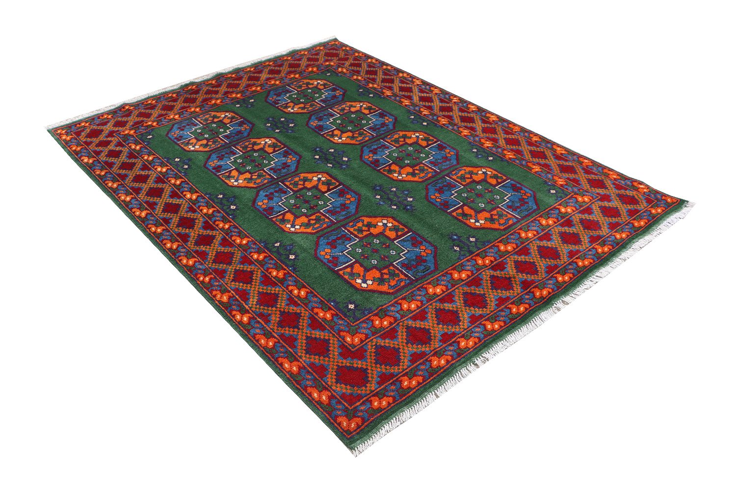 Afghan Akcha Rang Dar Teppich 150x200 Handgeknüpft Grün Durchgemustert Orient Kurzflor