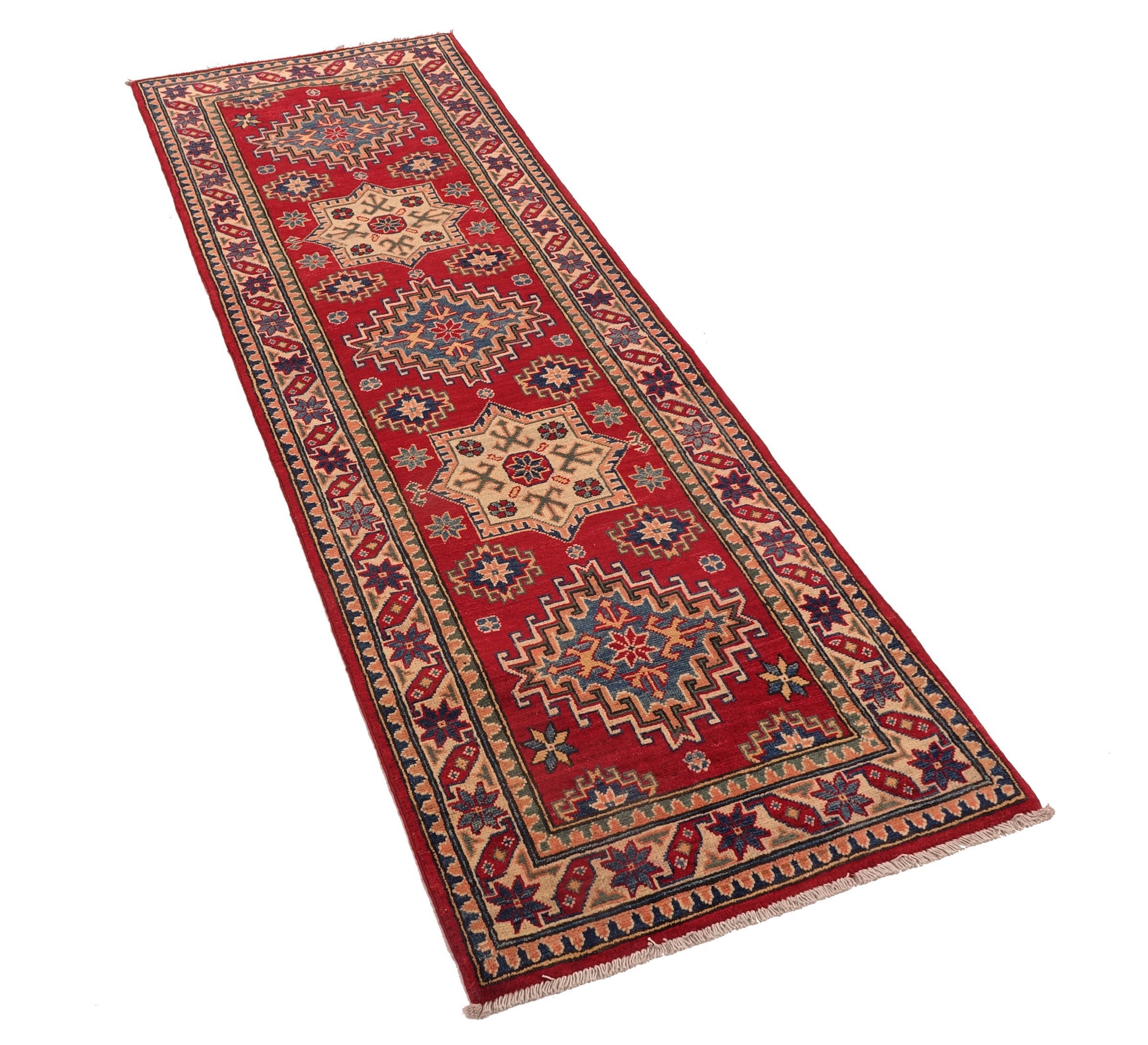 Kazak Teppich 80x240 Handgeknüpft Läufer rot Geometrisch Orientalisch UNIKAT Kurzflor