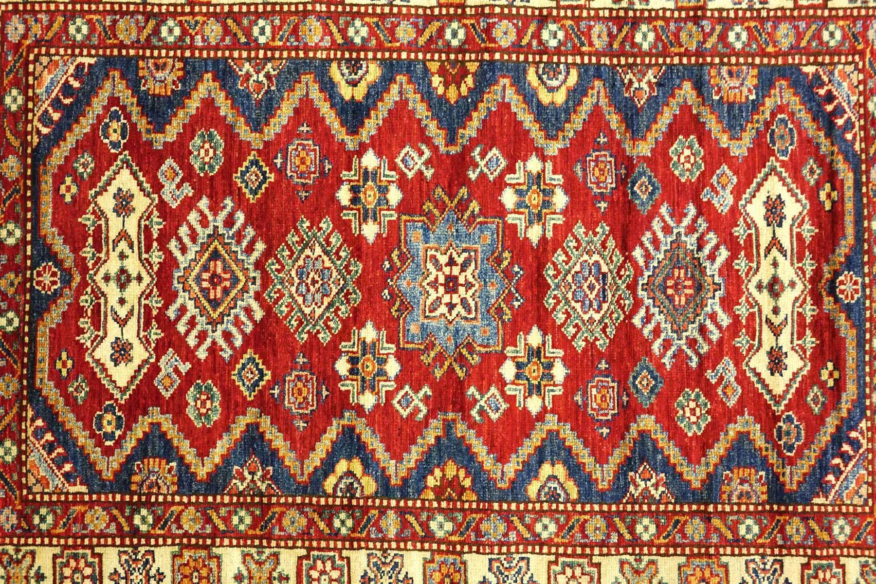 Afghan Kazak Fein 100x150 Handgeknüpft Orientteppich Rot Umrandung Wolle