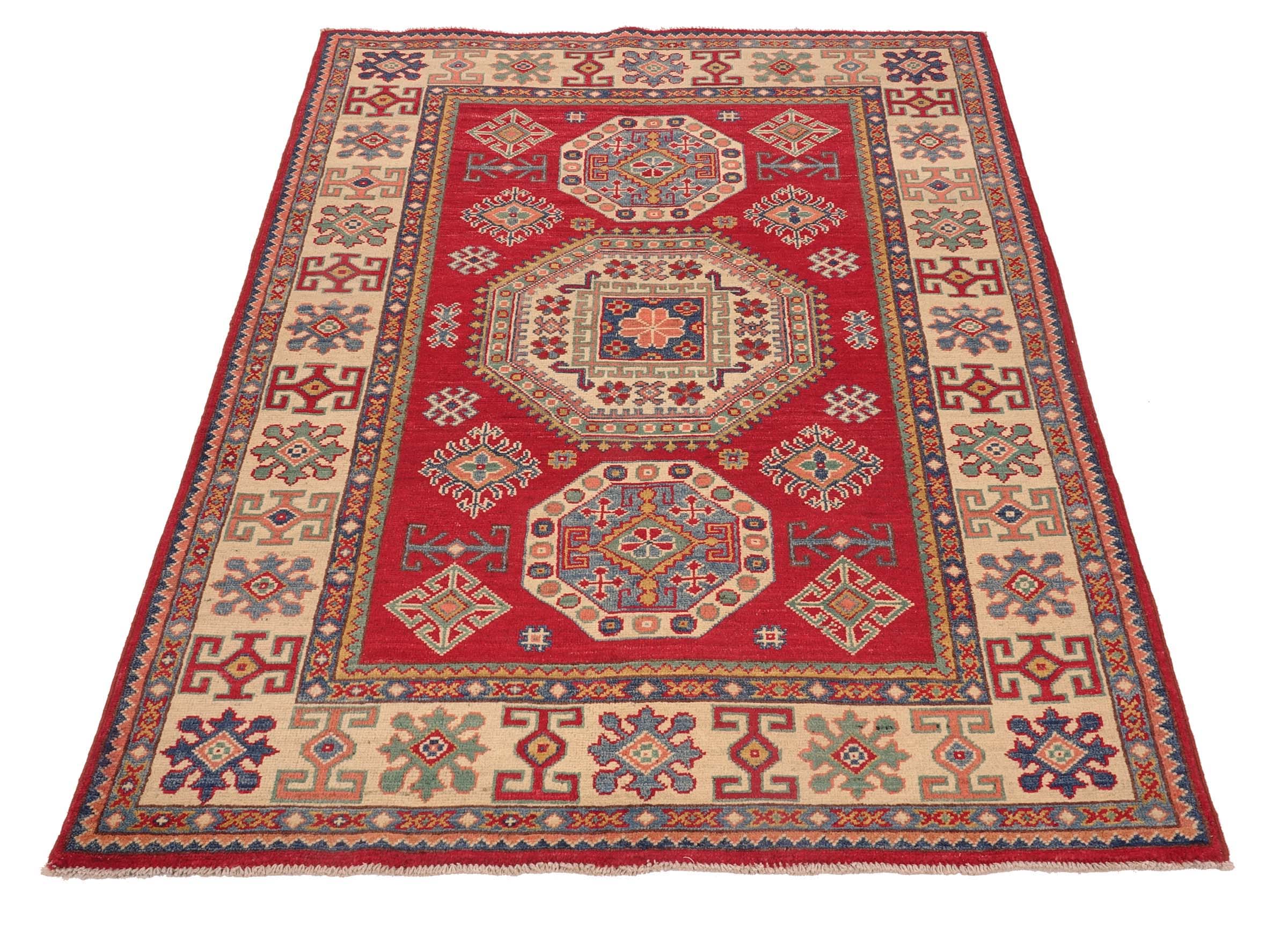 Kazak Teppich 120x180 Handgeknüpft Rosa Geometrisch Orientalisch UNIKAT Kurzflor