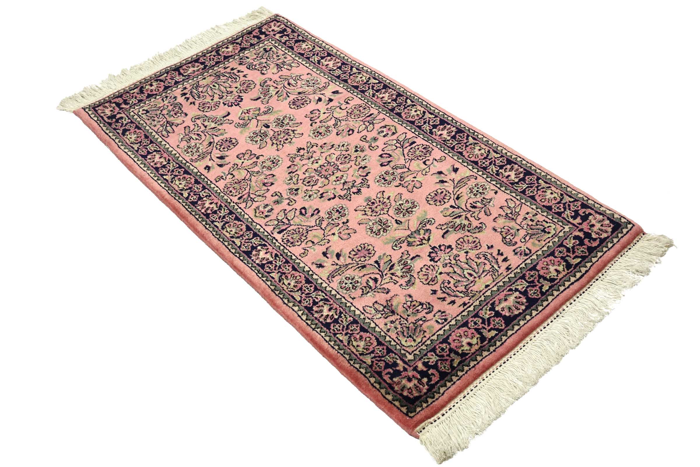 Sarough Teppich 70x140 Handgeknüpft Rosa Floral Wolle Kurzflor Rug