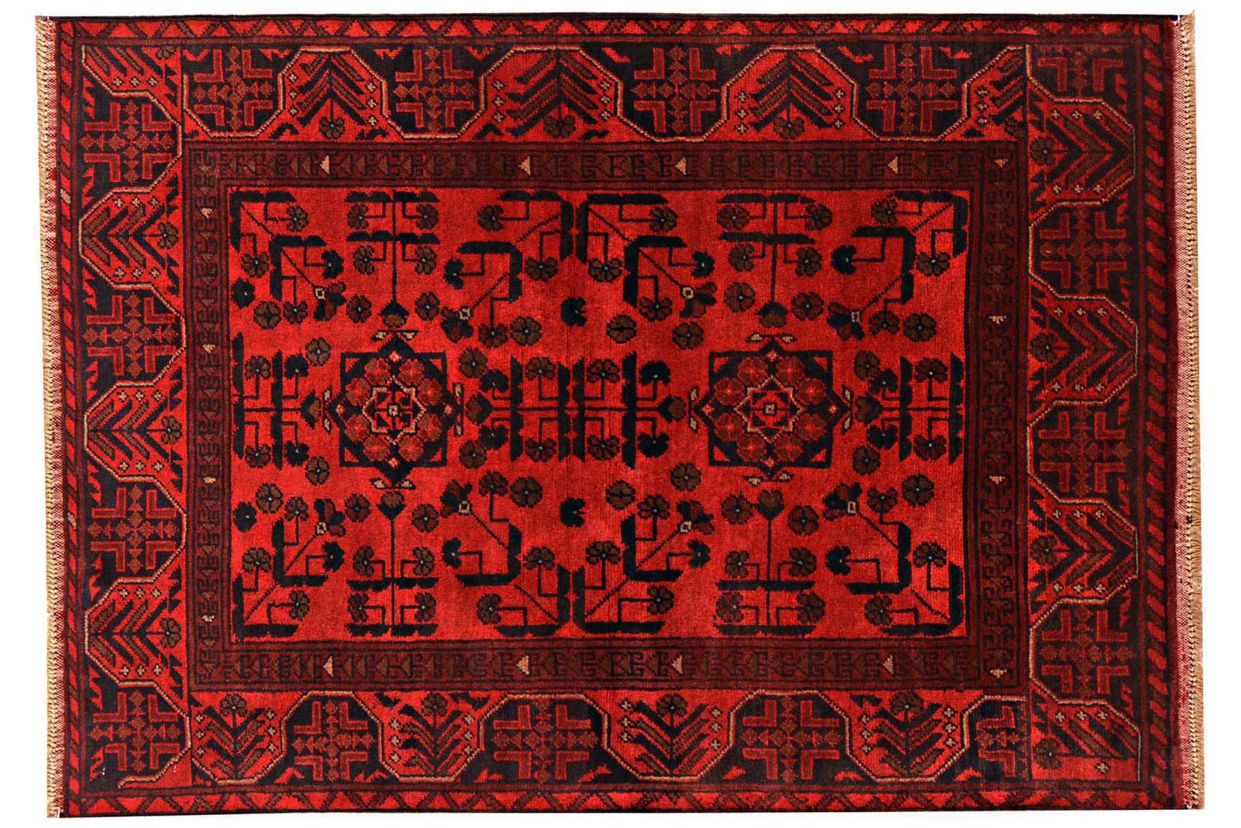 Afghan Khal Mohammadi Teppich 100x140 Handgeknüpft Braun Geometrisch Orient Kurzflor