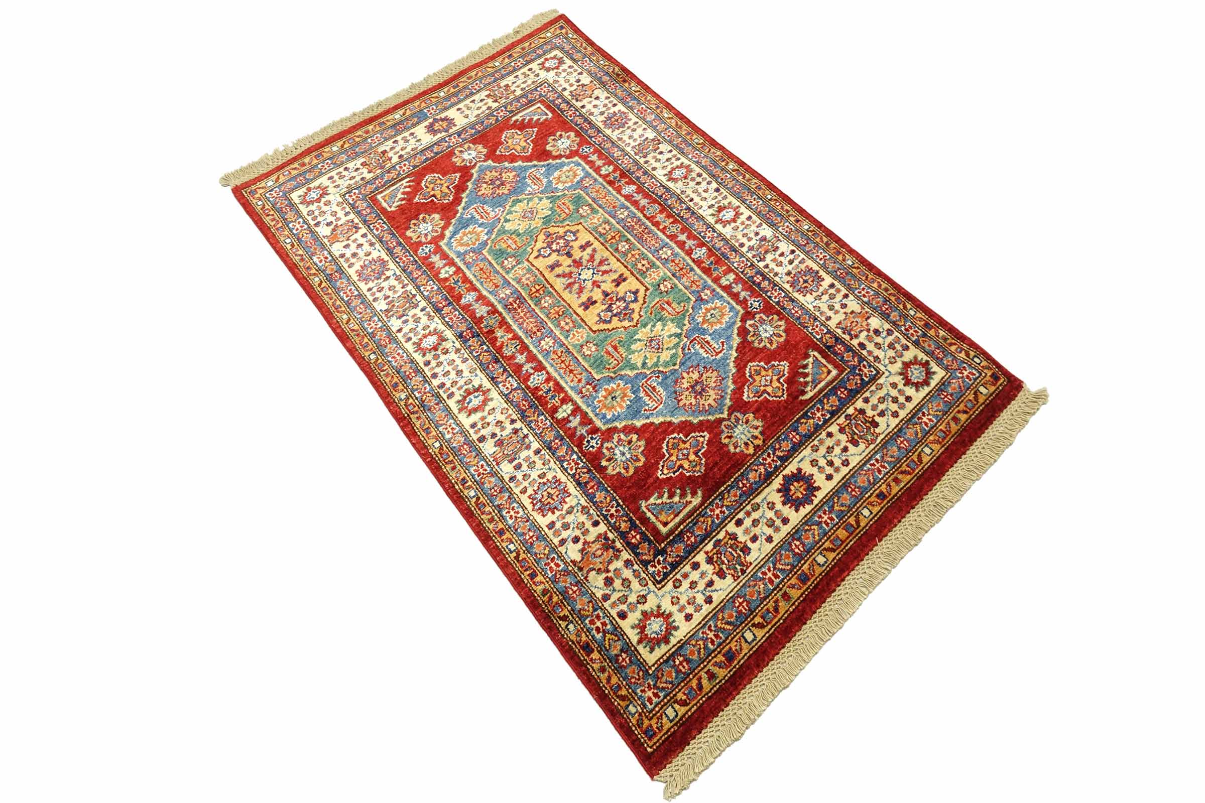 Afghan Kazak Fein 100x150 Handgeknüpft Orientteppich Rot Umrandung Wolle