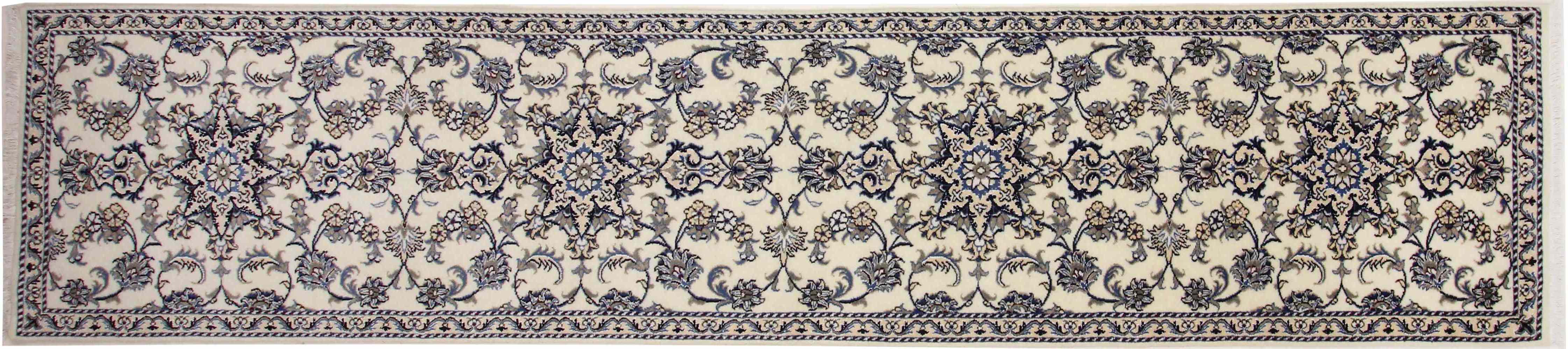 Perserteppich Nain Kashmar 80x400 Handgeknüpft Läufer Weiß Floral Orientalisch UNIKAT