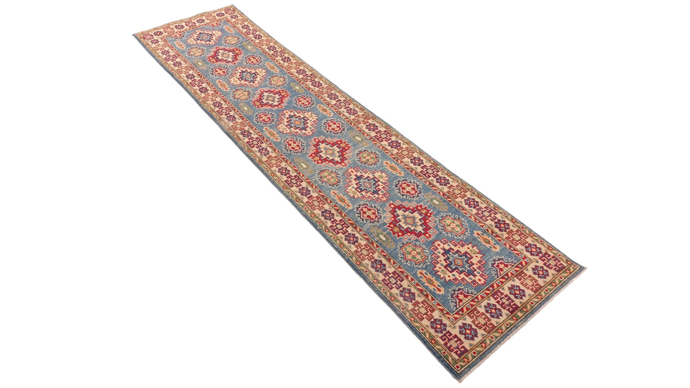Kazak Teppich 80x300 Handgeknüpft Läufer Blau Geometrisch Orientalisch UNIKAT Kurzflor