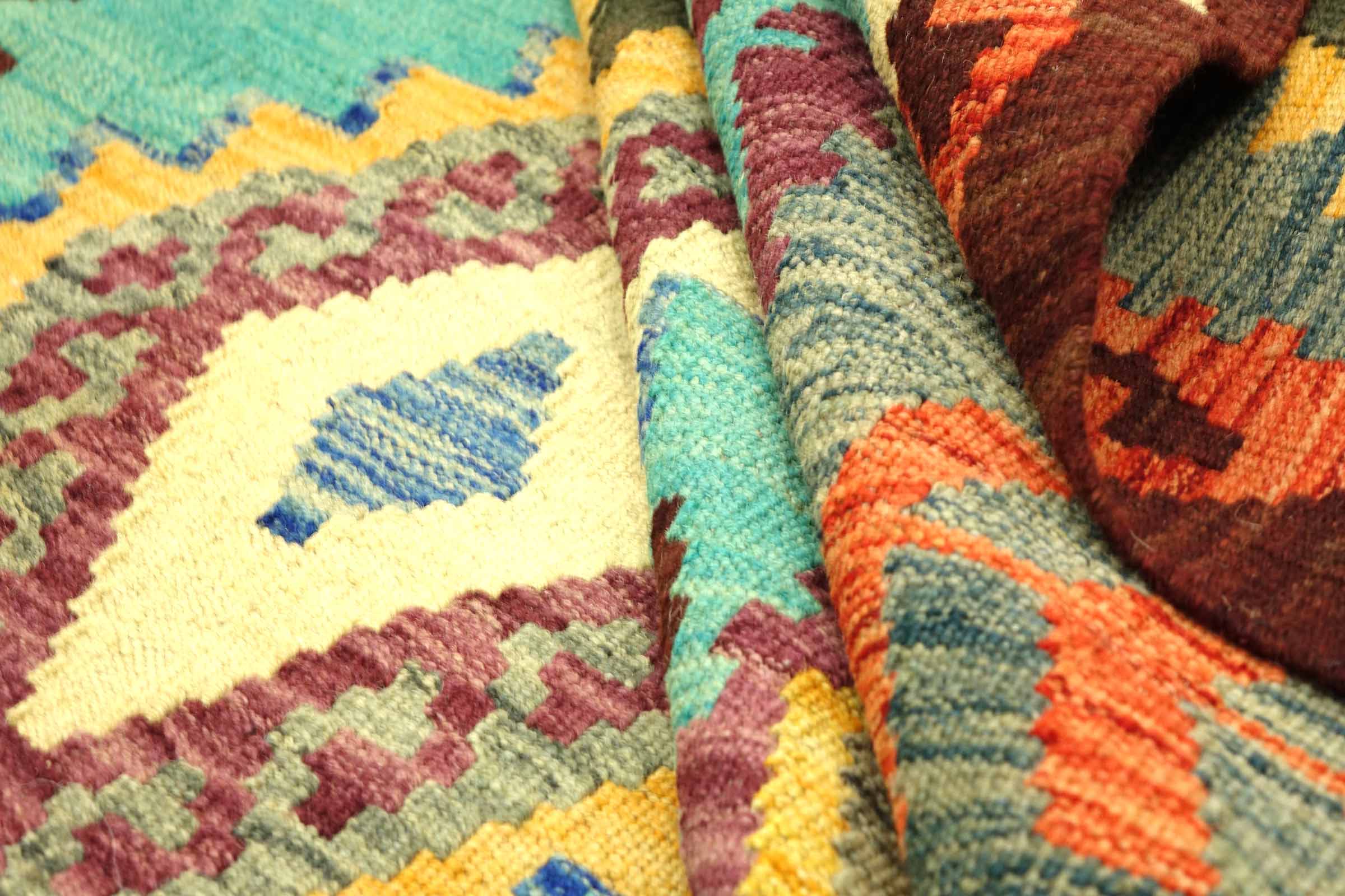 Afghan Maimana Kelim Bunt 393x303 Handgewebt Teppich 300x390 Türkis Geometrisch Orient