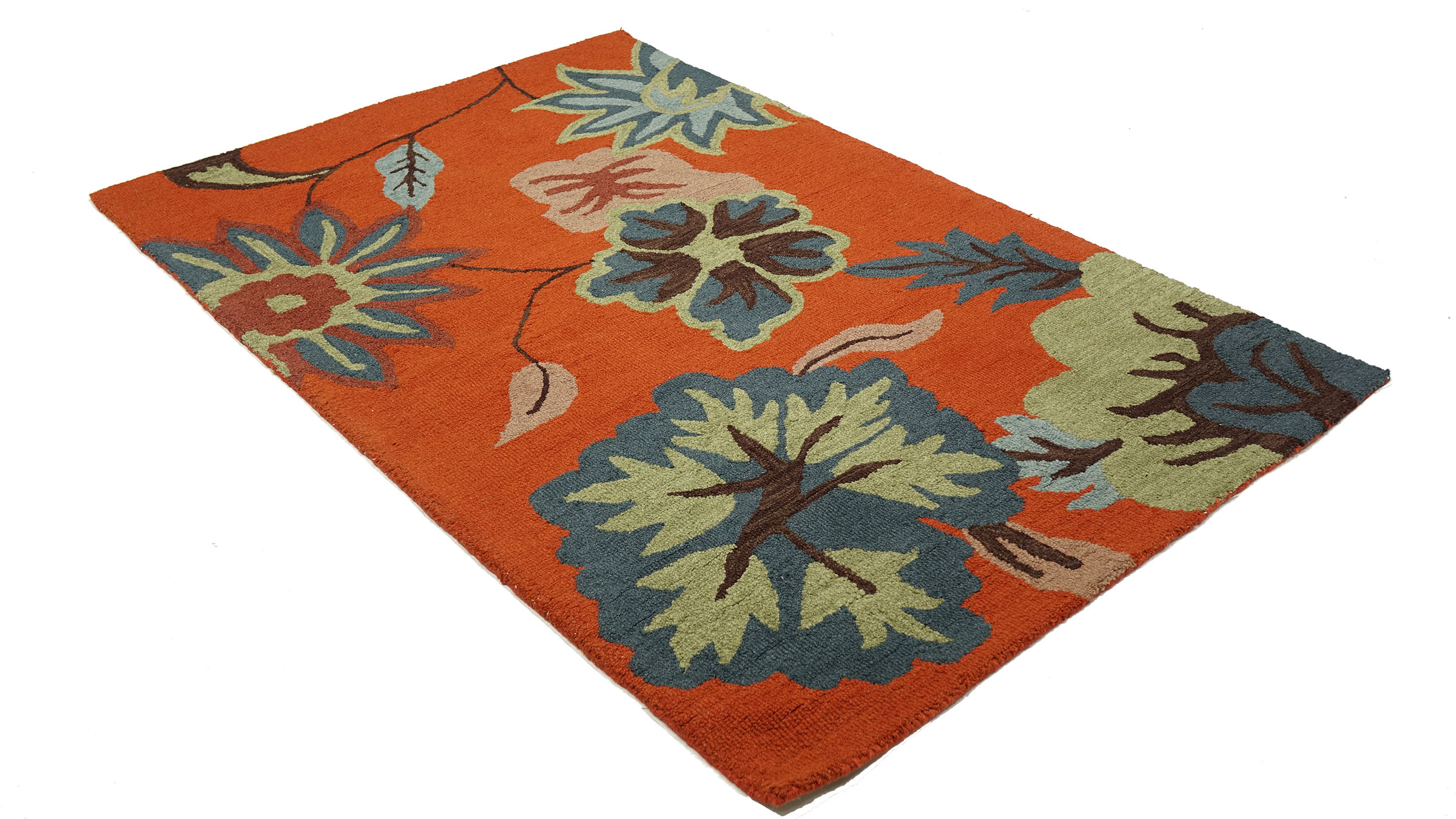 Handgefertigter Teppich Blumen Wolle in 120x180 160x230 Orange Floral Handarbeit