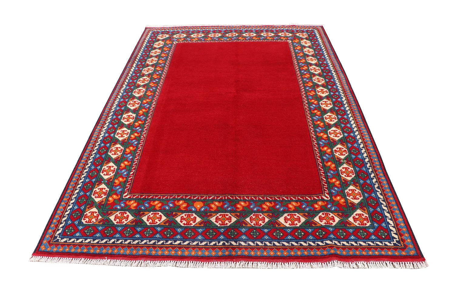 Afghan Akcha Rang Dar Teppich 170x240 Handgeknüpft Rot Umrandung Orient Kurzflor