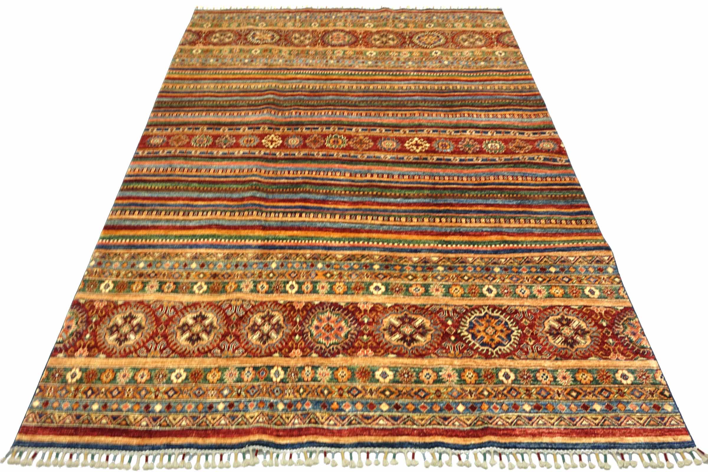 Afghan Khorjin Shaal 200x300 Handgeknüpft Orientteppich Bunt Streifen Wolle