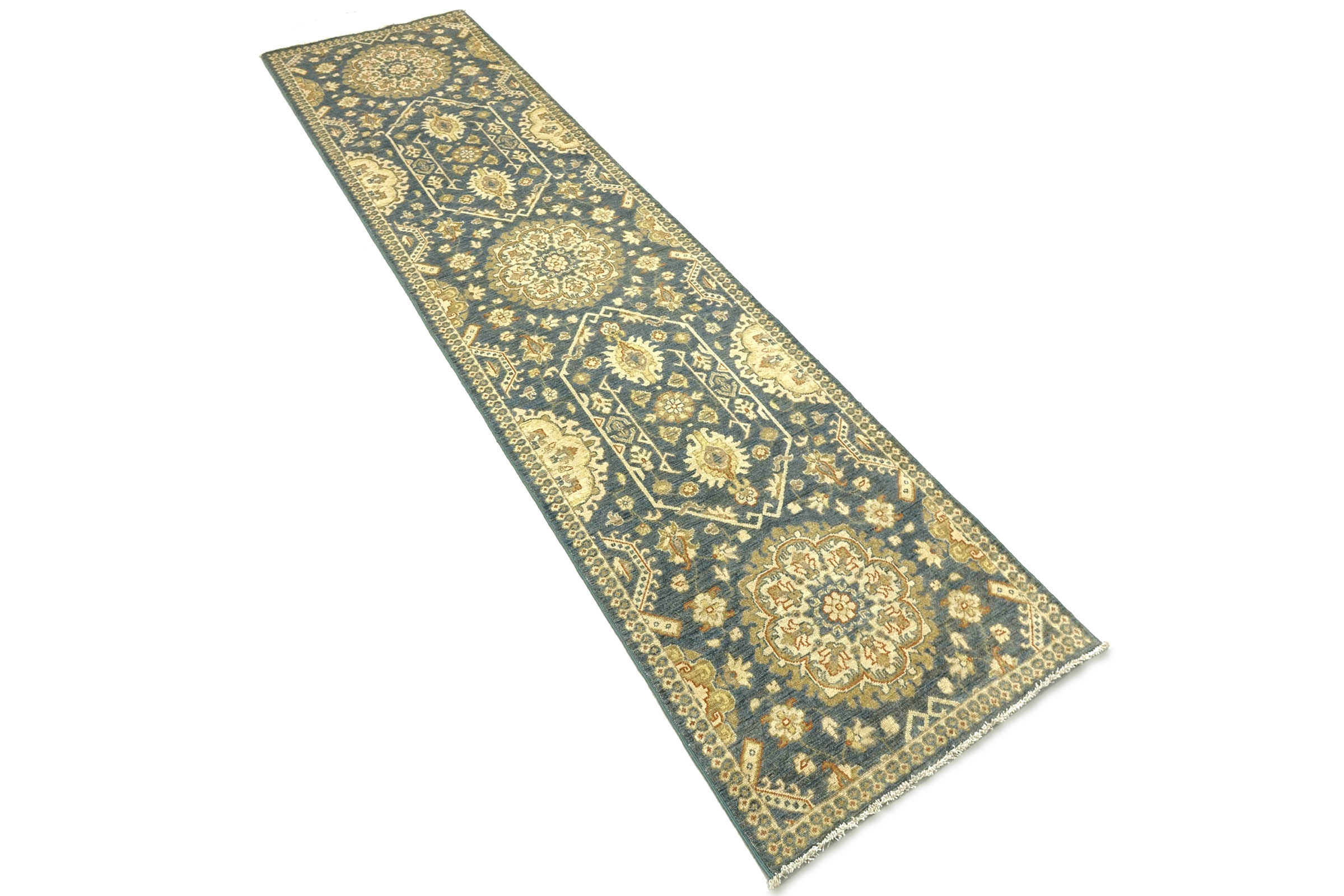 Afghan Chobi Ziegler 80x320 Handgeknüpft Orientteppich Läufer Blau Blumenmuster