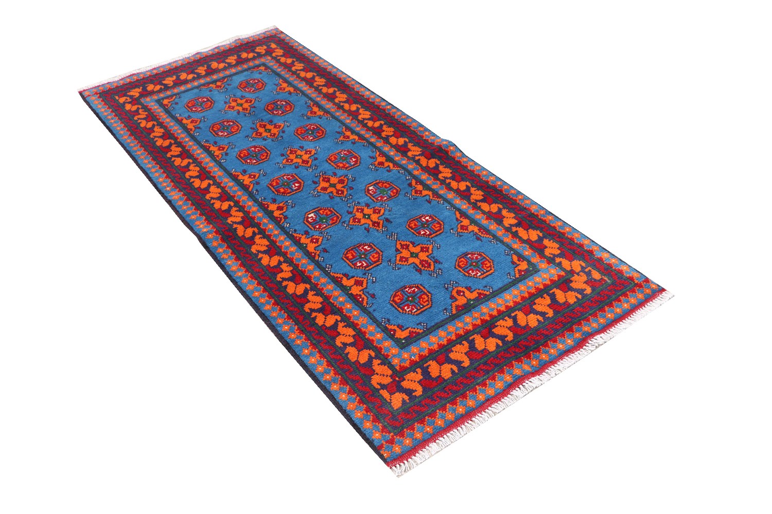 Afghan Akcha Rang Dar Teppich 80x200 Handgeknüpft Blau Durchgemustert Orient Kurzflor