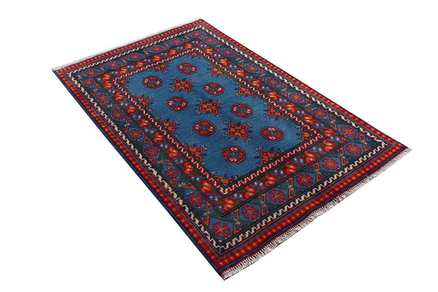 Afghan Akcha Rang Dar Teppich 100x150 Handgeknüpft Blau Durchgemustert Orient Kurzflor