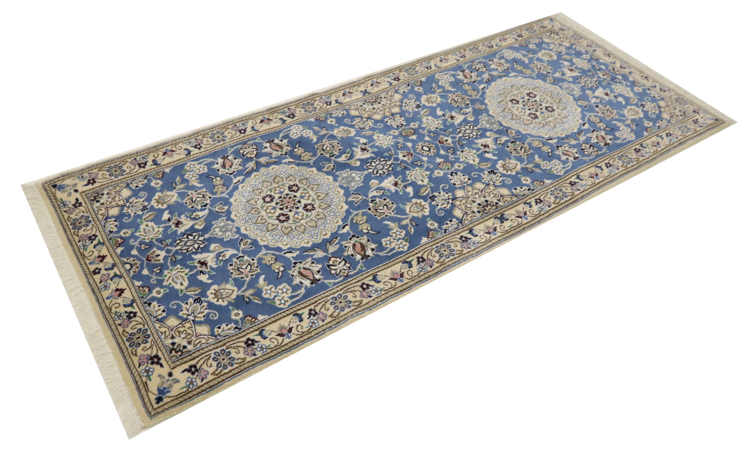 Persian carpet Nain 9LA 80x200 hand-knotted blue floral oriental UNIKAT short pile