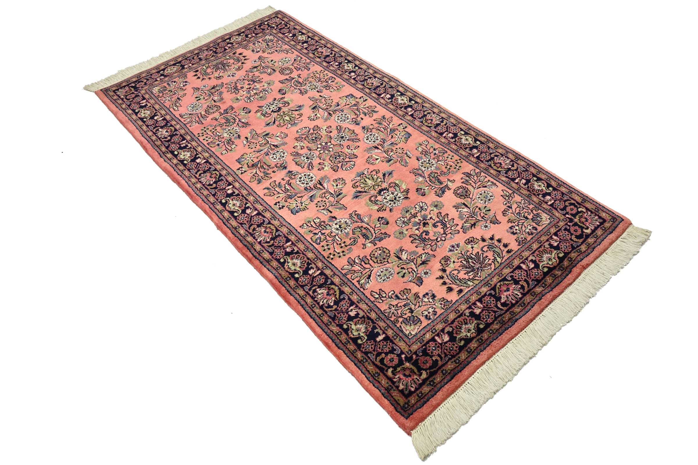 Sarough Teppich 100x200 Handgeknüpft Rosa Floral Wolle Kurzflor Rug