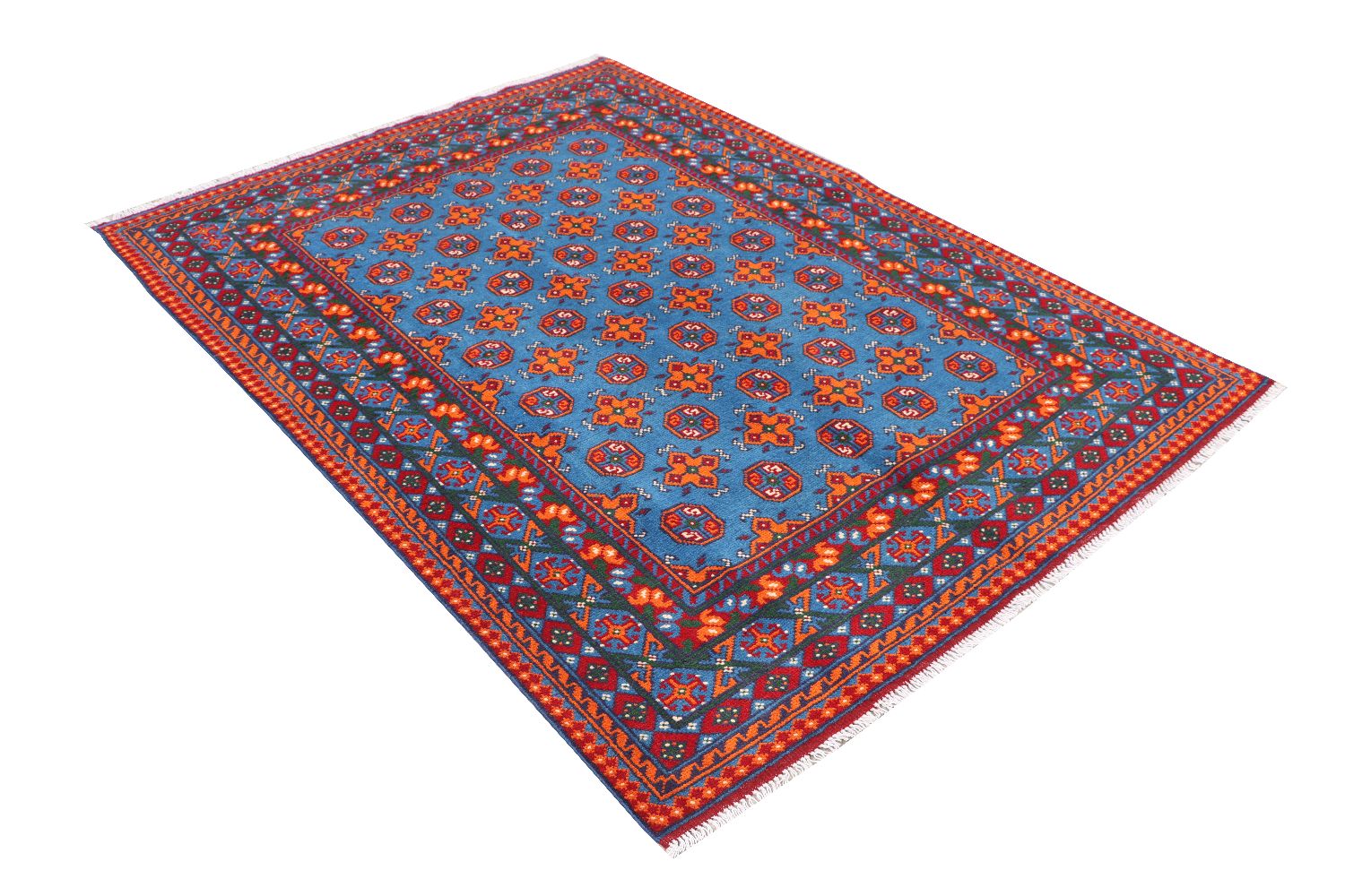 Afghan Akcha Rang Dar Teppich 140x200 Handgeknüpft Blau Durchgemustert Orient Kurzflor