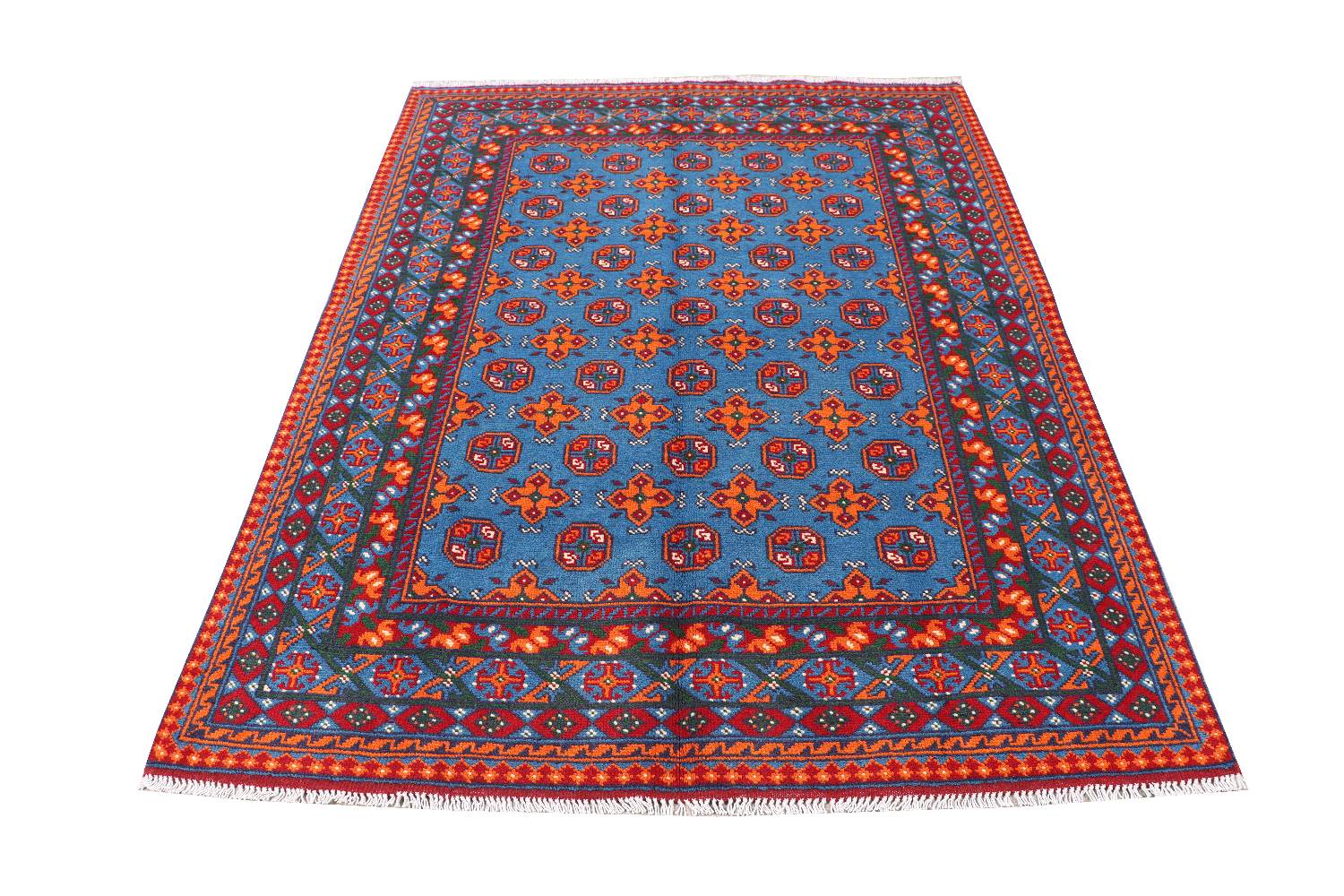 Afghan Akcha Rang Dar Teppich 140x200 Handgeknüpft Blau Durchgemustert Orient Kurzflor