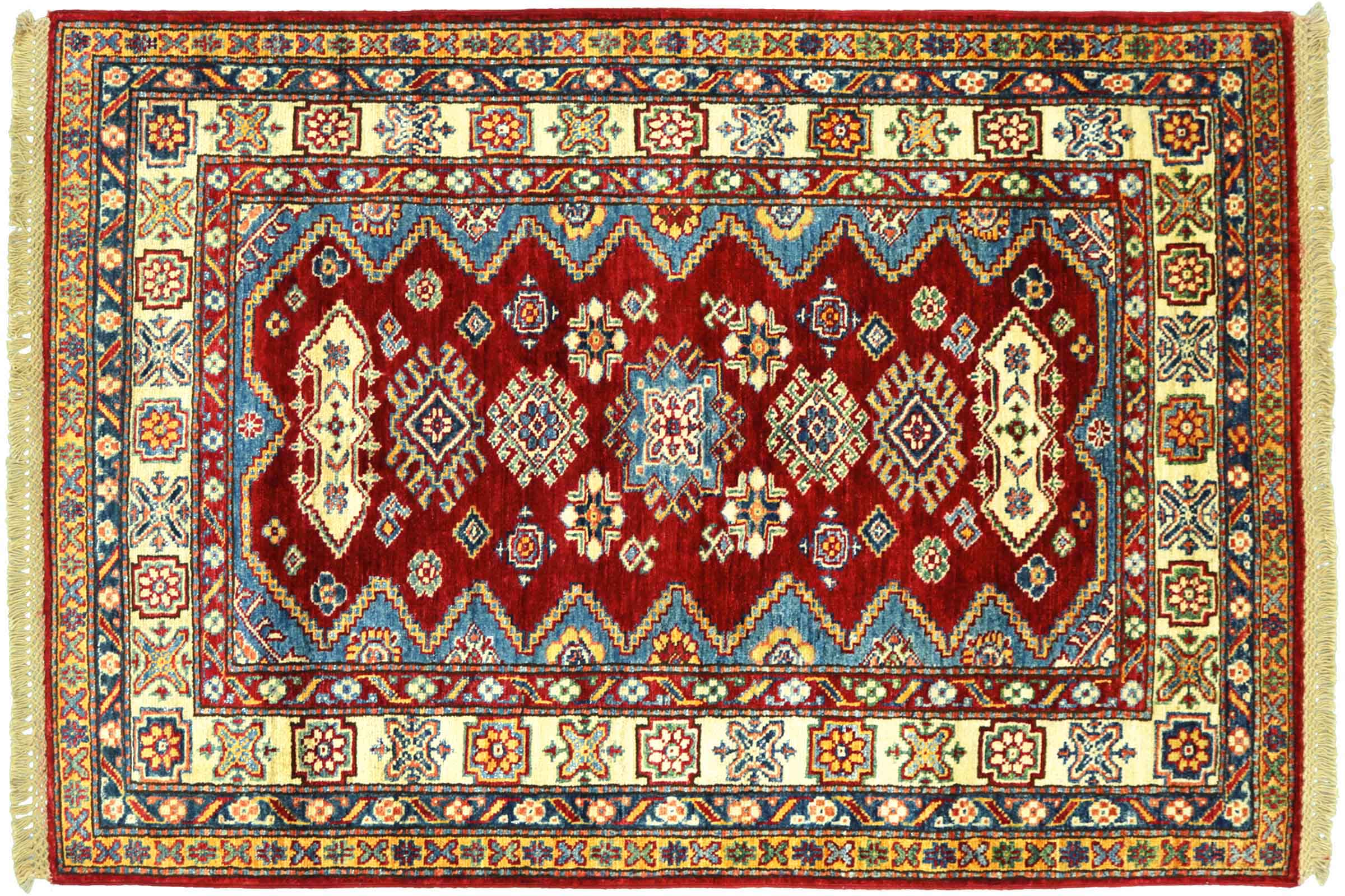Afghan Kazak Fein 100x150 Handgeknüpft Orientteppich Rot Umrandung Wolle