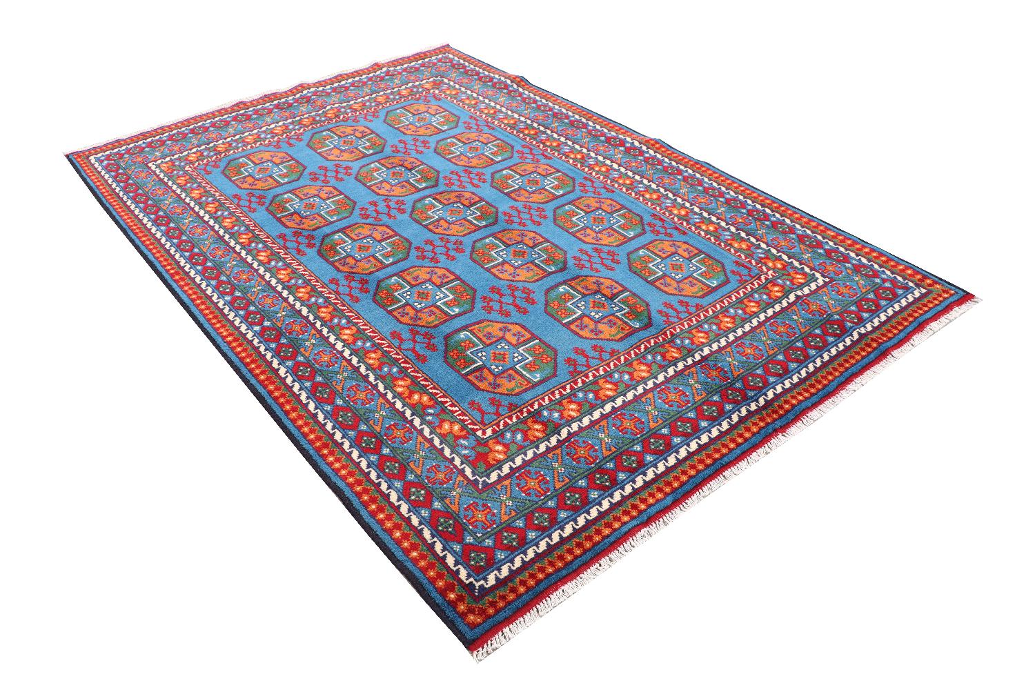 Afghan Akcha Rang Dar Teppich 170x240 Handgeknüpft Blau Durchgemustert Orient Kurzflor