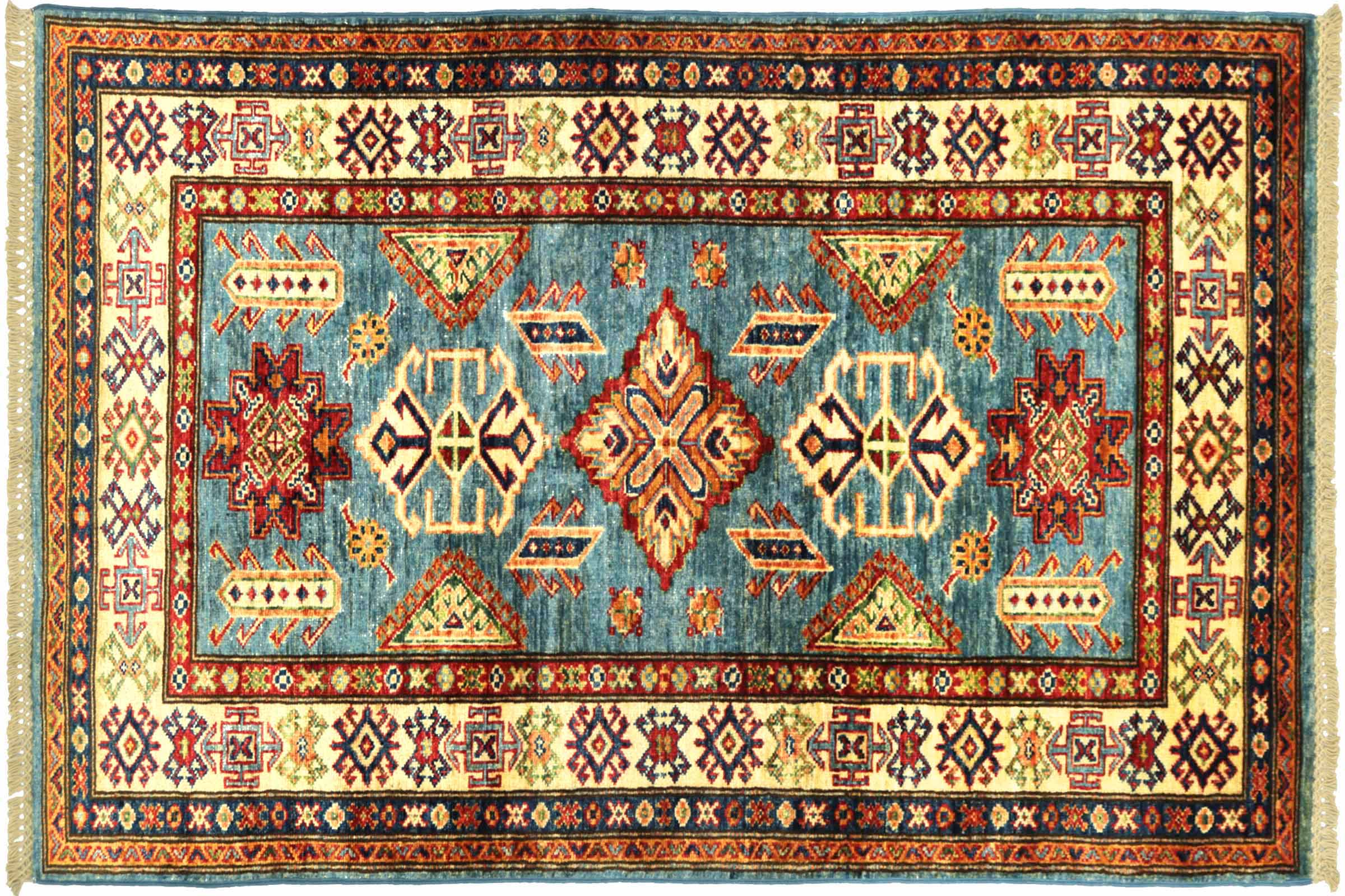 Afghan Kazak Fein 100x150 Handgeknüpft Orientteppich Blau Umrandung Wolle